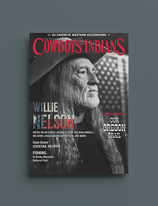 Black and white Cowboys & Indians magazine cover featuring Willie Nelson in profile with bold red masthead and western editorial styling.