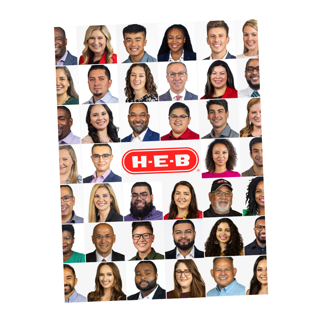 Collage of professional headshots of H-E-B employees taken on a white background for company team portraits.