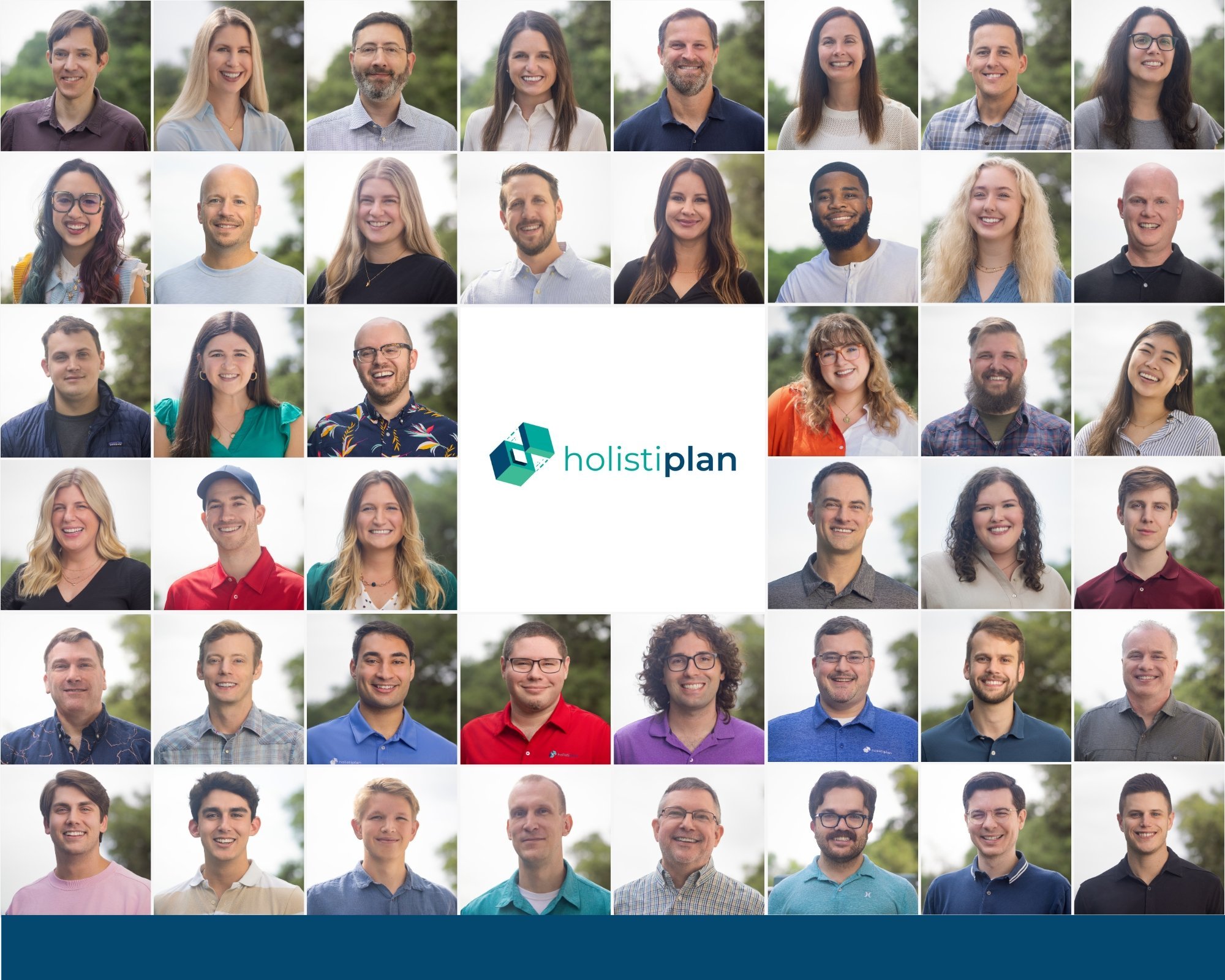 Collage of headshots of diverse smiling people outdoors, with the 'holistiplan' logo at the bottom.