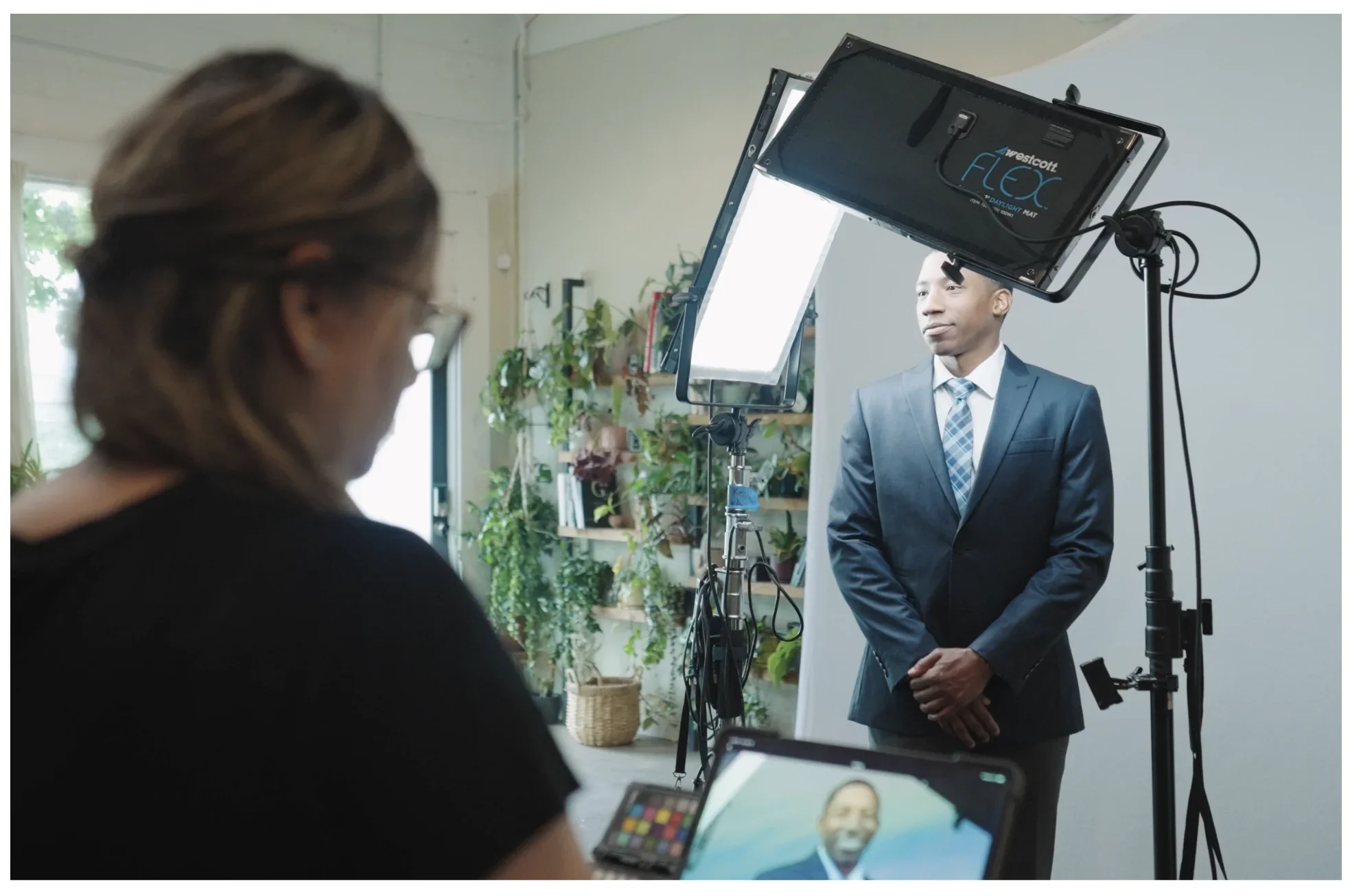 Behind the scenes of a professional headshot session with Meet the Bryants using studio lighting to create executive portraits in San Antonio, Texas.