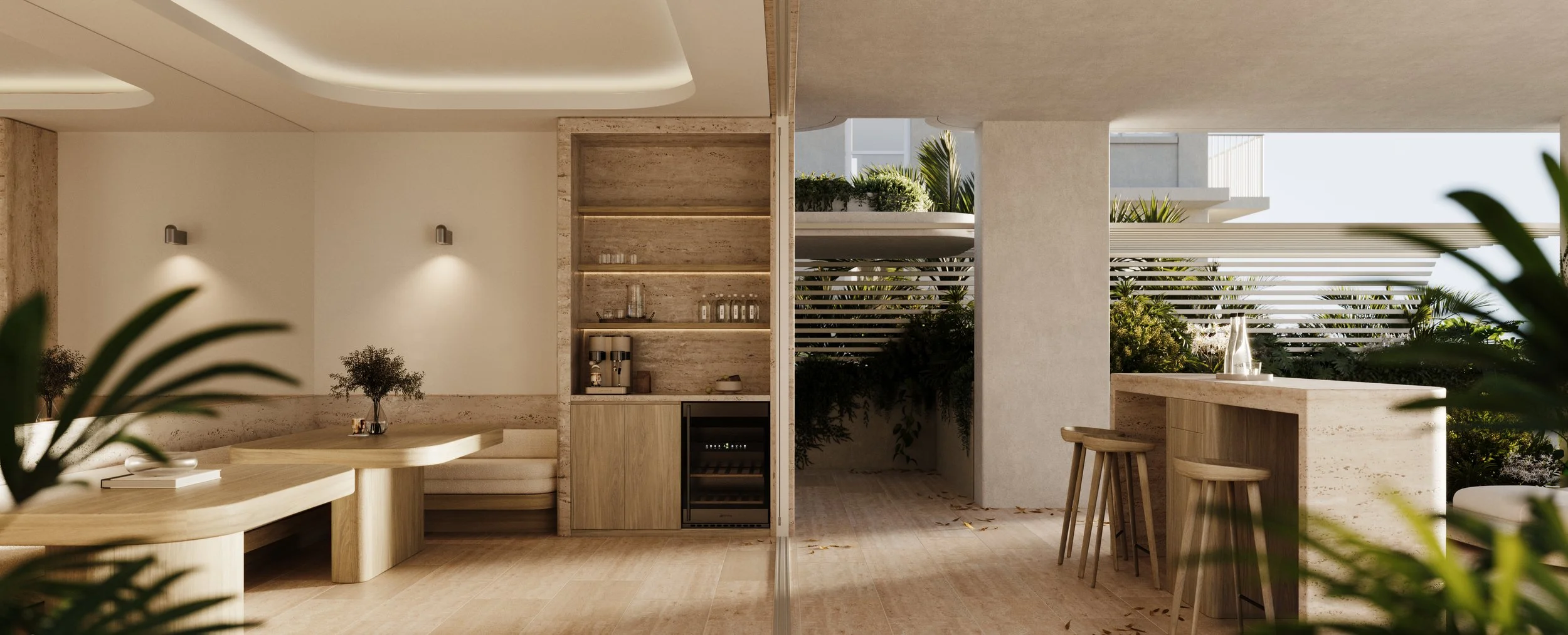Modern indoor-outdoor space with a dining area, bar, and greenery, featuring neutral tones and minimalist decor.