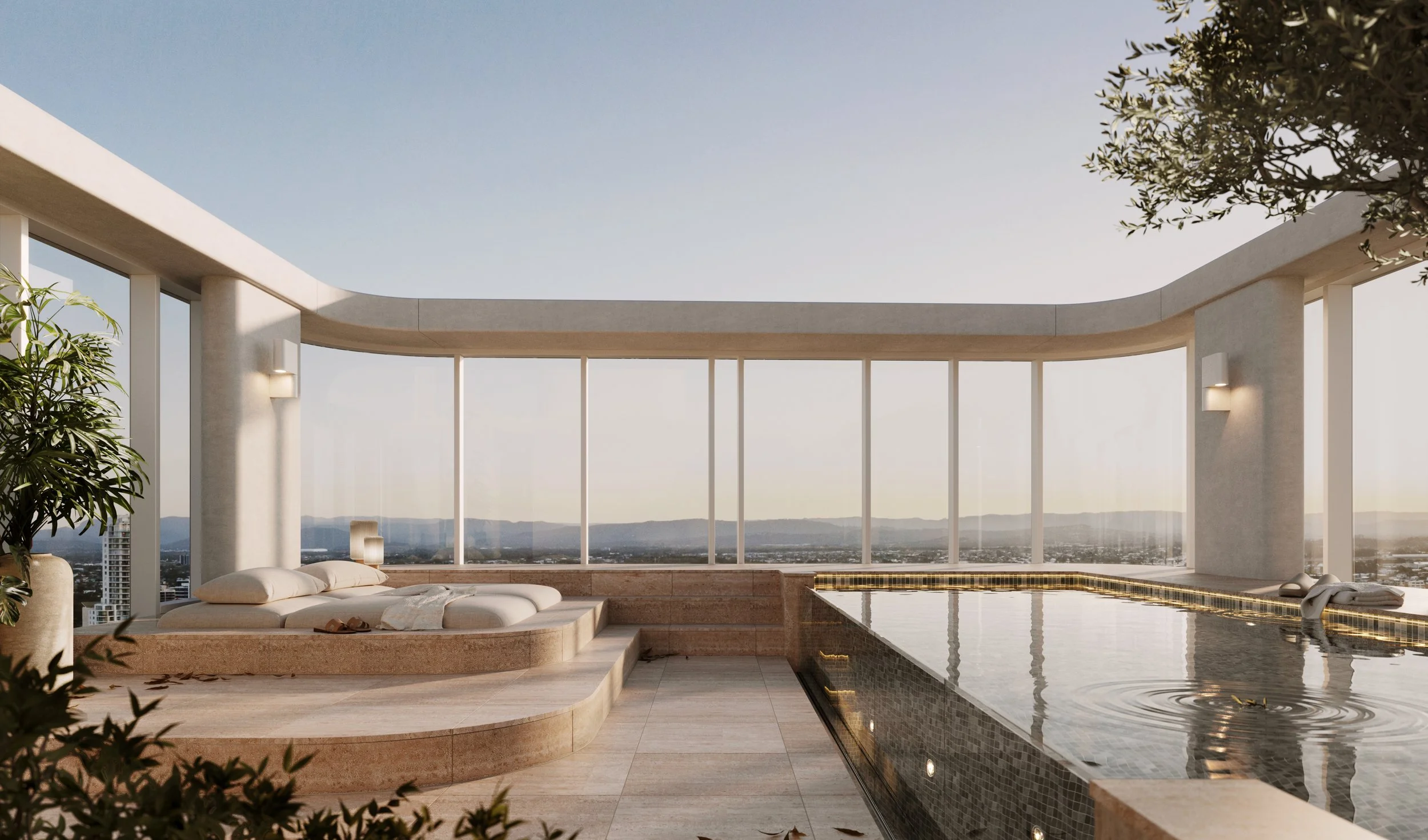 Modern rooftop infinity pool with city views, surrounded by glass walls, with a lounge bed and indoor plants.