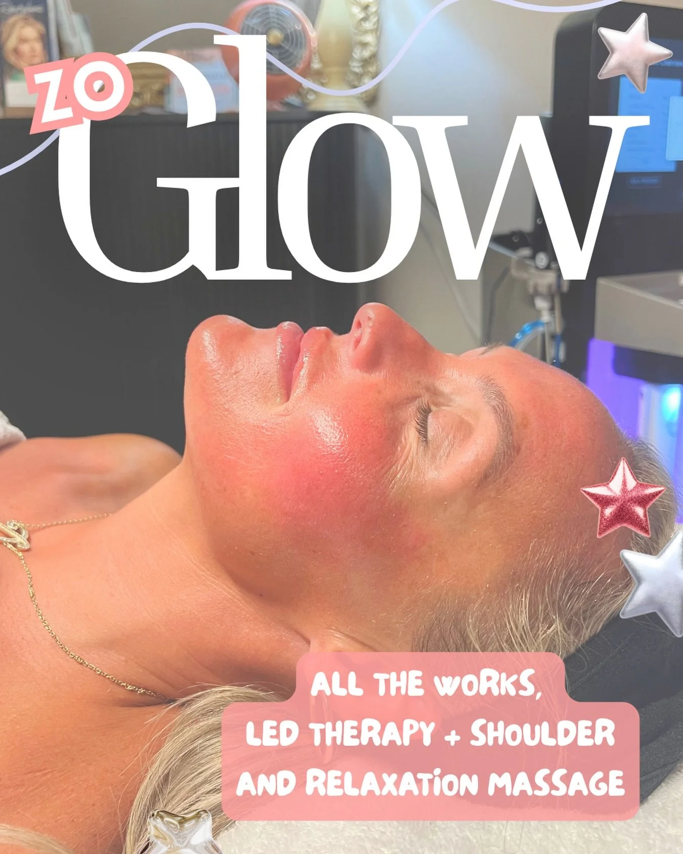 🦩🫧✨ ZO GLOW ✨🫧🦩

All the works for that ✨GLOW✨ ~ deep cleansing, exfoliation, customized masking, high frequency + LED light therapy, extreme hydration, plus a relaxing d&eacute;collet&eacute;, shoulder &amp; scalp massage. 🪩🧴🧖🏼&zwj;♀️

Your 
