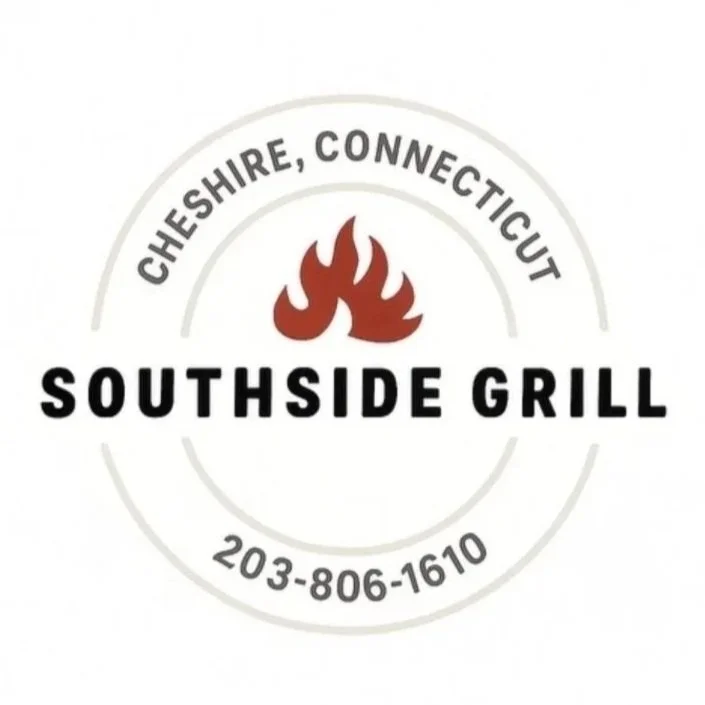 Southside Grill logo featuring a red flame, Cheshire, Connecticut, and phone number 203-806-1610