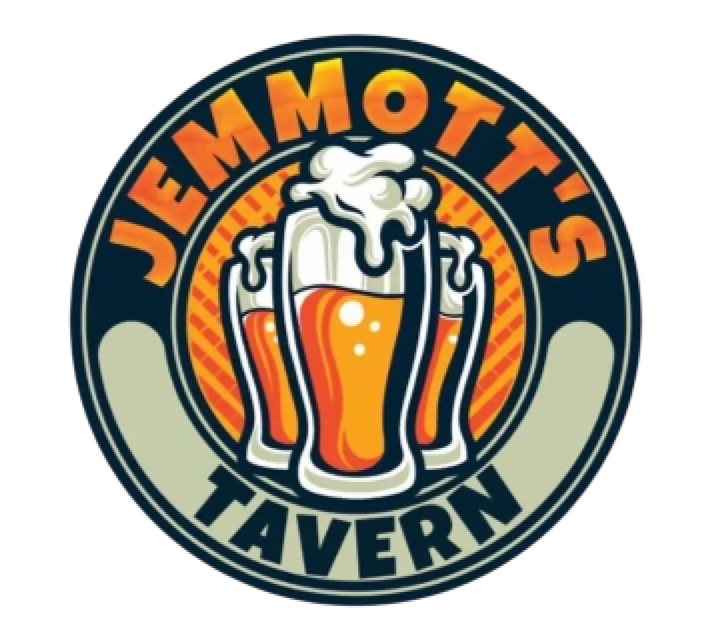 Jemmotts Tavern logo featuring three frothy beer mugs in an orange, navy blue, and beige circular design