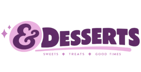 Purple and pink ampersand desserts logo with the tagline “Sweets, Treats, Good Times.”