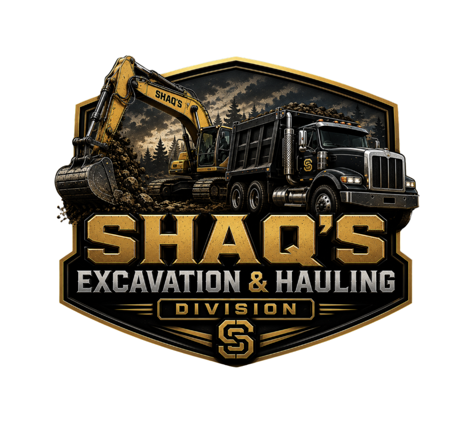 SHAQ'S Excavation & Hauling Division logo featuring an excavator and dump truck