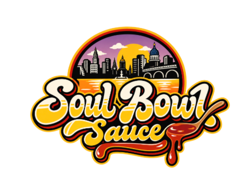 Soul Bowl Sauce logo with a stylized city skyline, sunset, bowl, and dripping red sauce