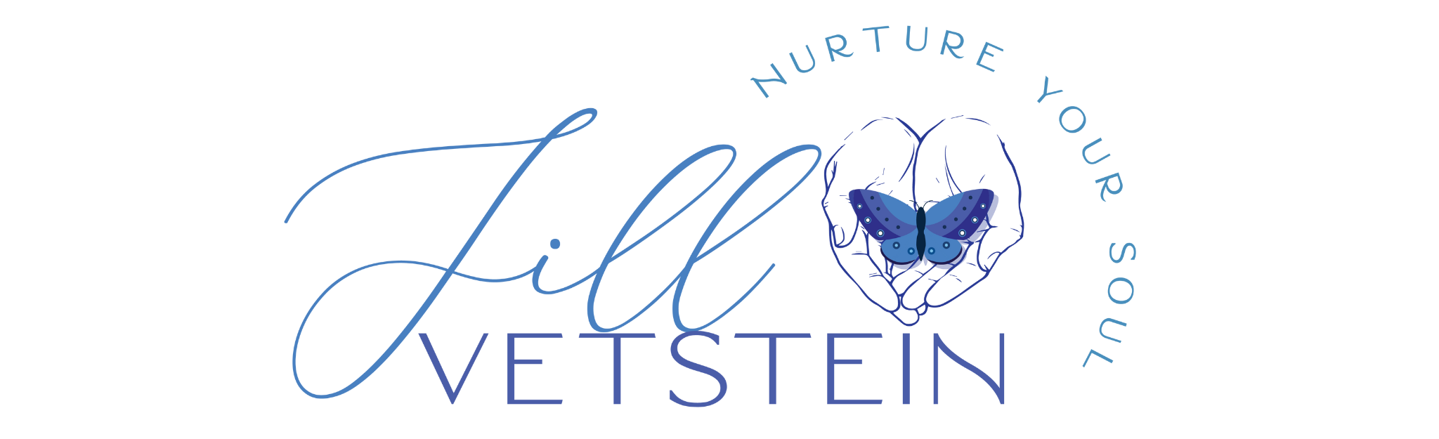 This logo image includes Jill Vetstein, the words Nurture Your Soul and an illustration of open hands holding a blue and purple buttefly.