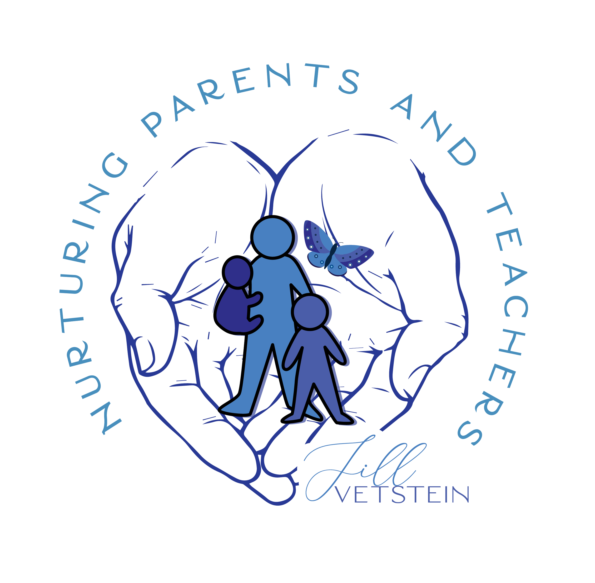 This logo features Jill Vetstein the words Nurturing Parents and Teachers and an illustration of open hands holding a family and a blue and purple butterfly