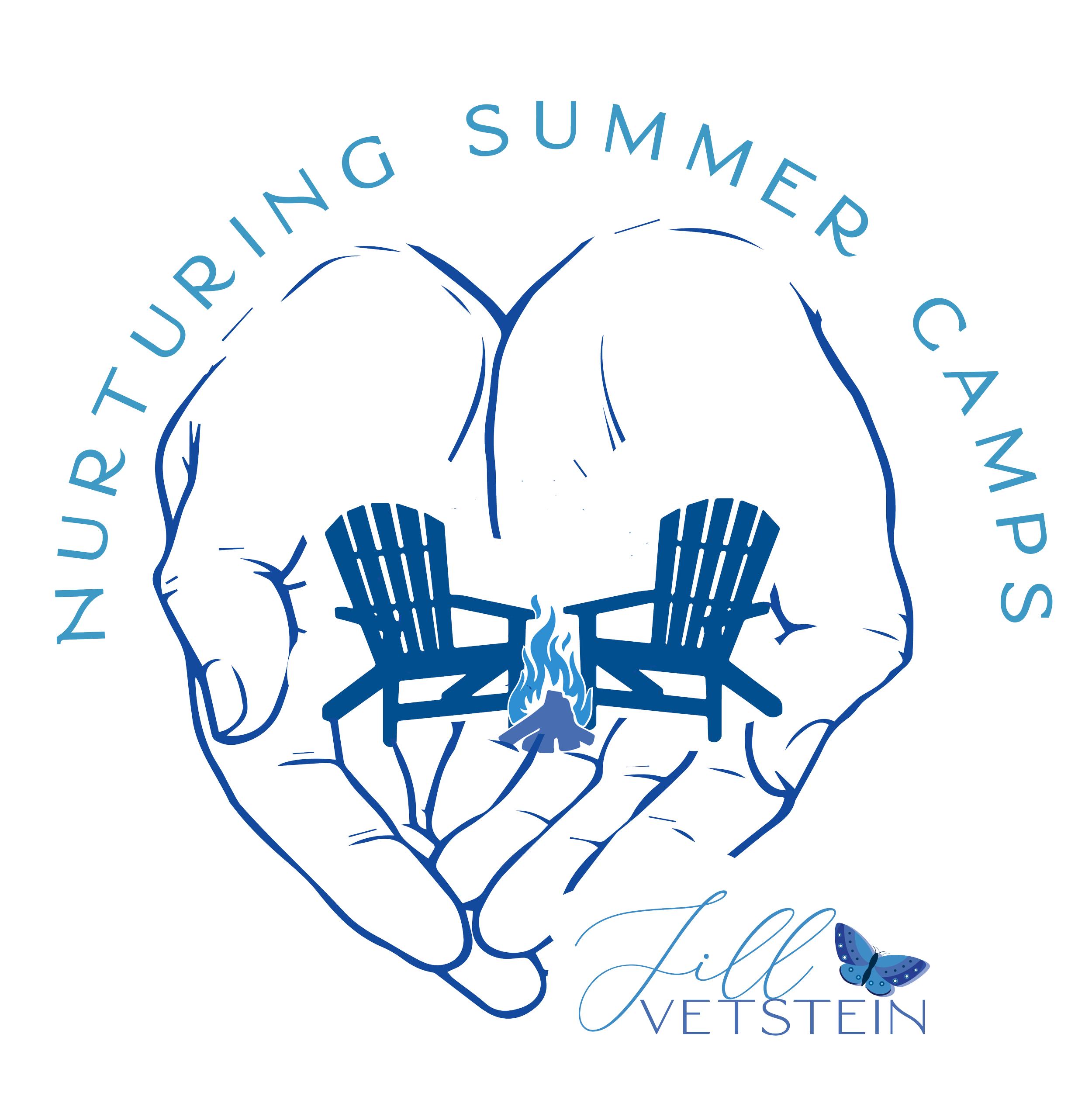 This logo features Jill Vetstein and the words Nurturing Summer Camps and an illustration of open hands holding two adirondack chairs and a campfire