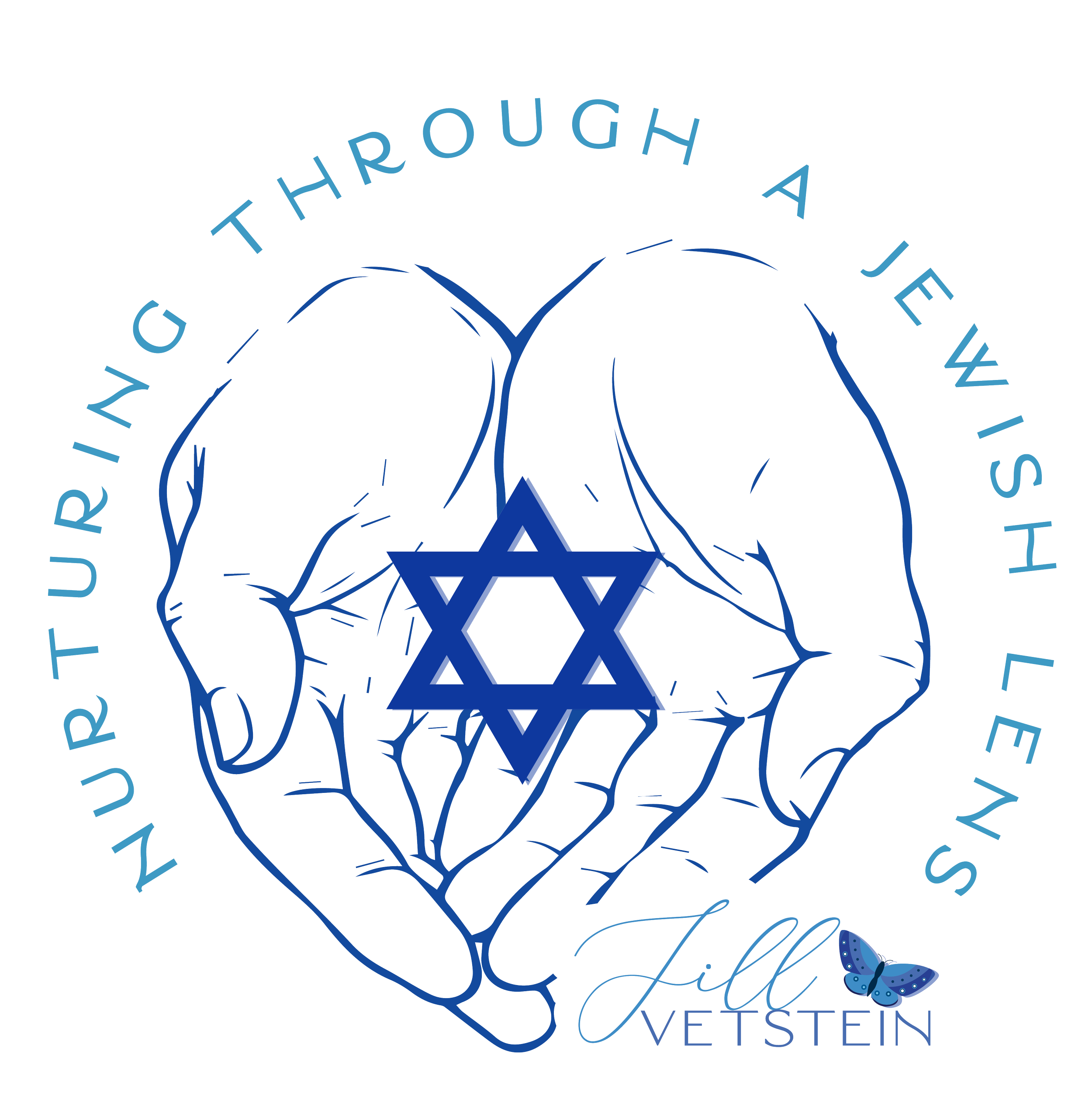 This logo says Jill Vetstein and Nurturing Through A Jewish Lens and includes an illustration of open hands holding a star of david