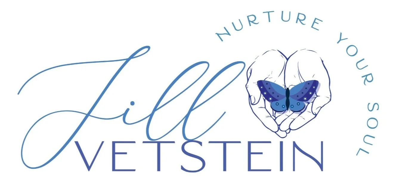 Ths is an image of Jill Vetstein's logo with the words Nurture Your Soul and an image of hands holding a purple and blue butterfly.