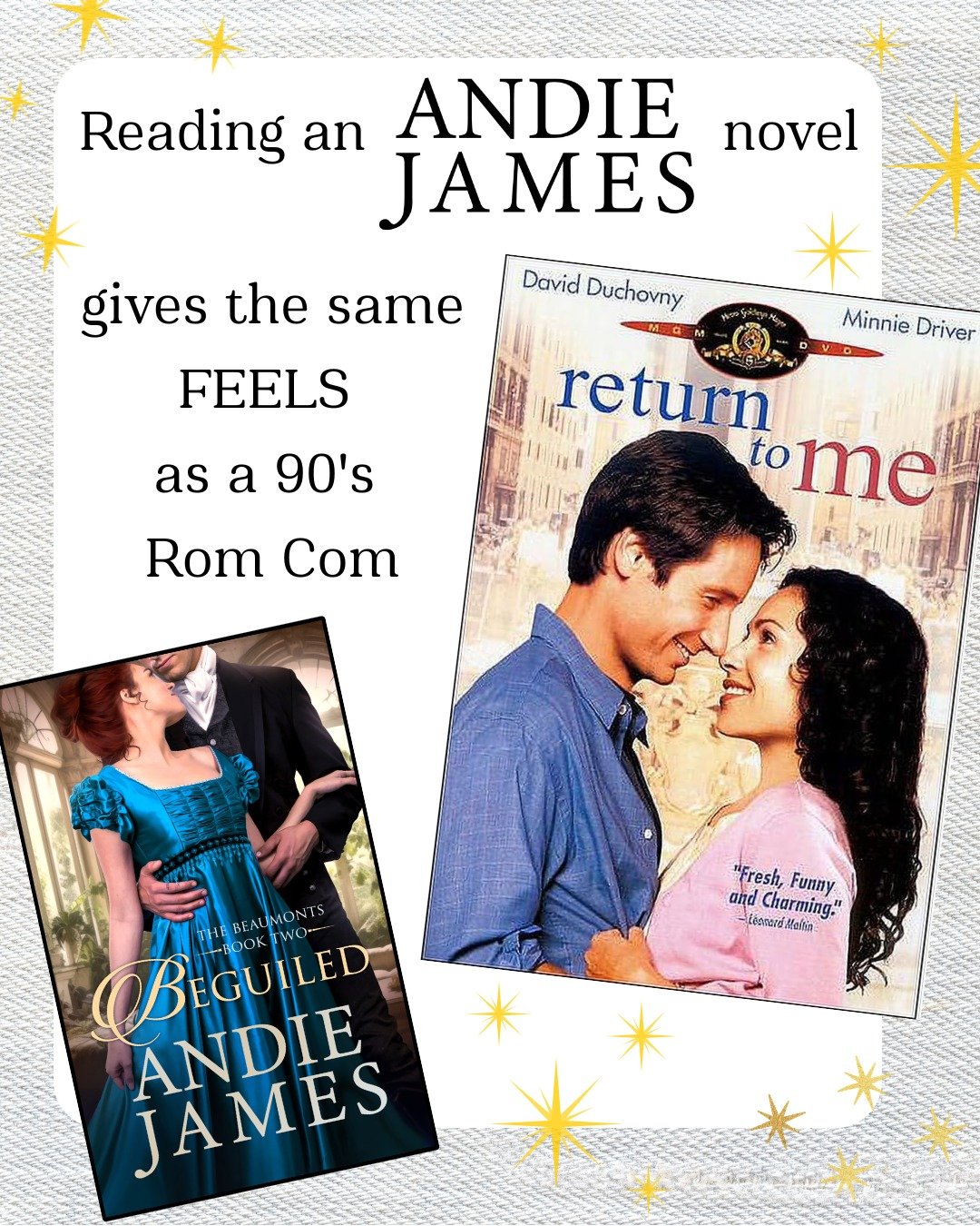 After watching Return to Me yesterday, I had an epiphany about how to describe the vibes of what I write&mdash;I hope that my books give you the same cozy and emotional feel of a 90's RomCom.

These movies shaped me growing up, so it only makes sense