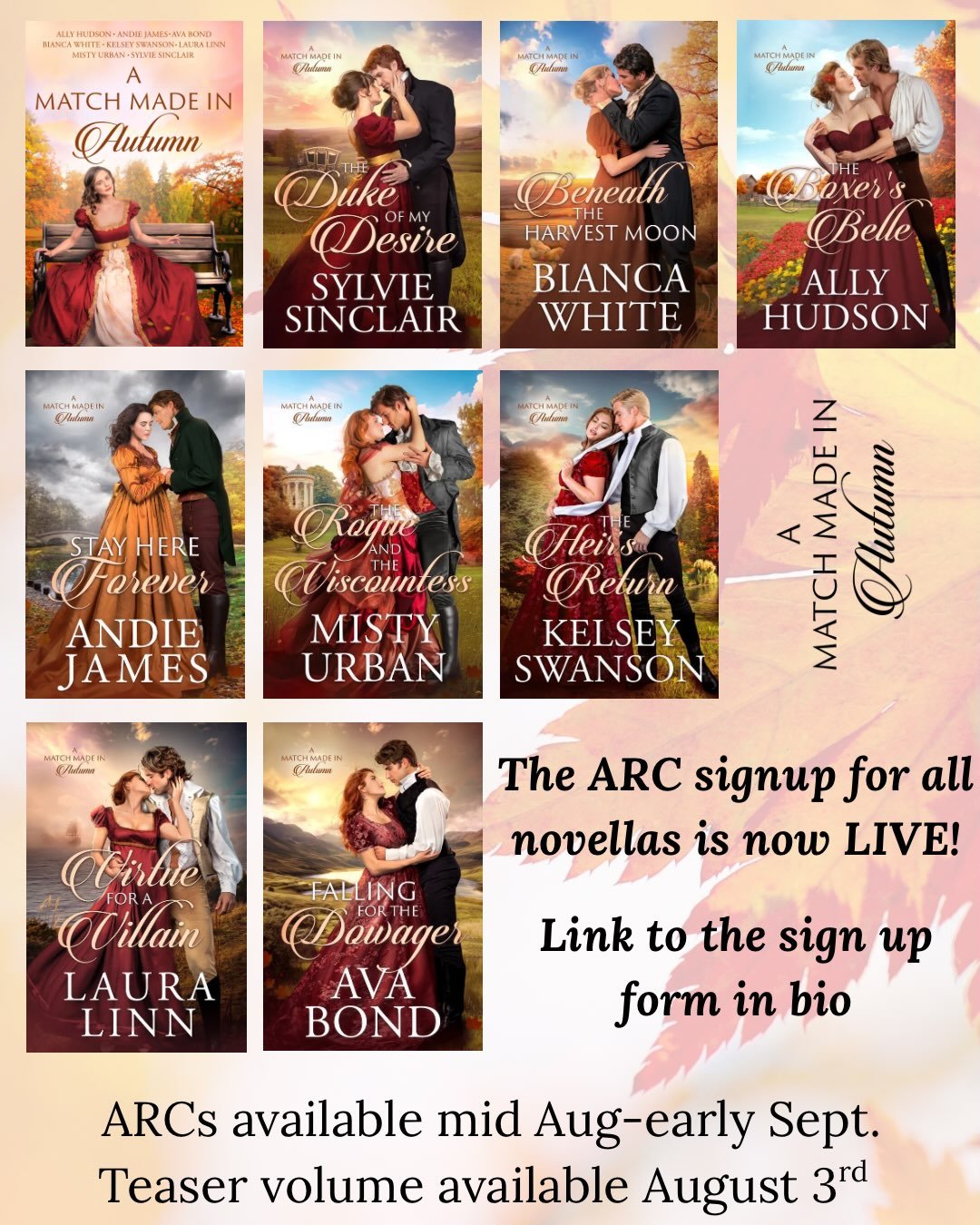 Are you ready for Autumn set novellas about second opportunities for love?

The ARC interest form for the novellas in the A Match Made in Autumn series is now open! (Link in bio)

You can sign up for just one, a few, or all eight&mdash;it&rsquo;s up 