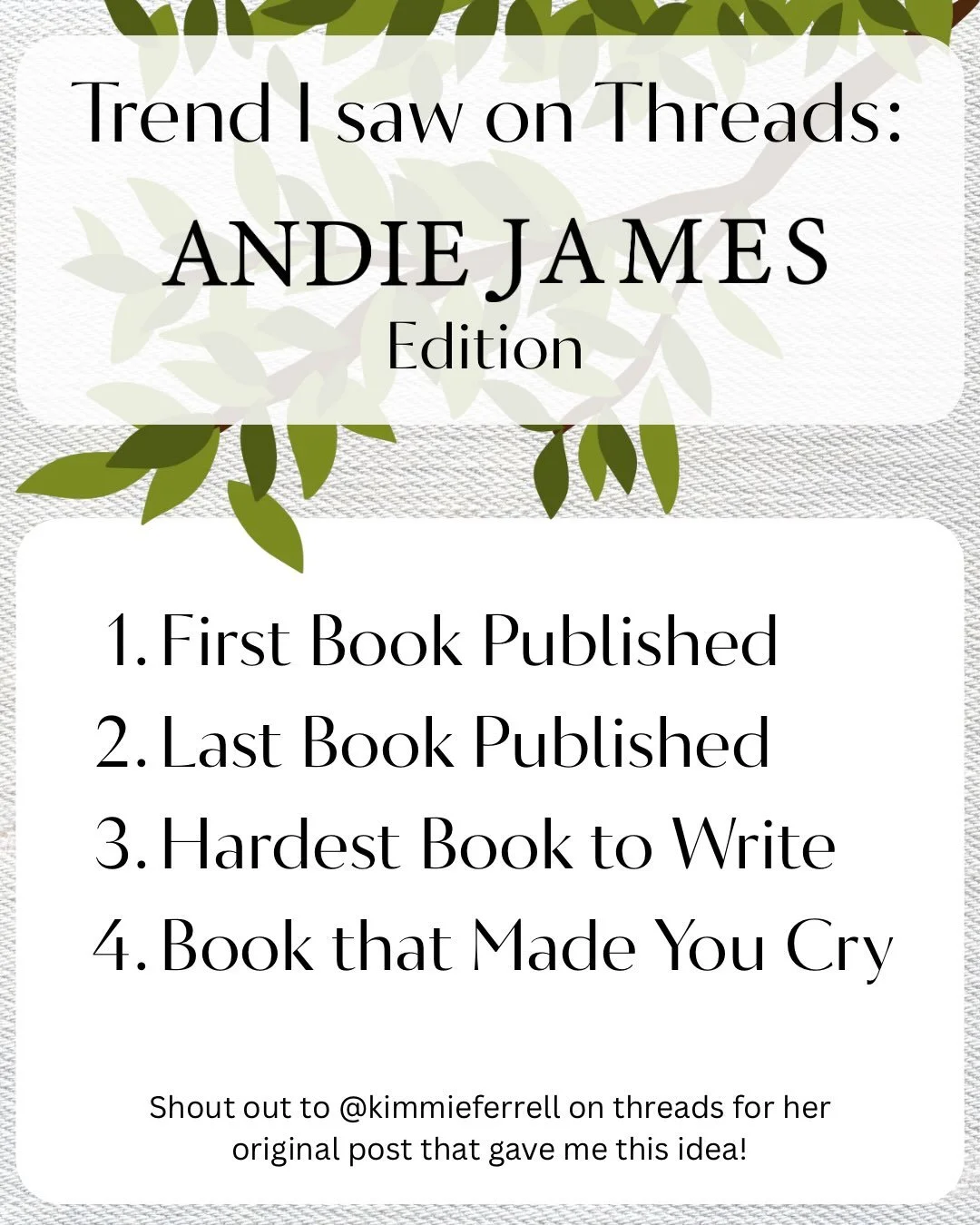 I saw a fun post on threads today from @missferrell and thought I&rsquo;d share with my own books!

Readers which of my books made you cry?

Authors&mdash;how would you answer these questions with your own books?

Happy reading and happy Saturday!