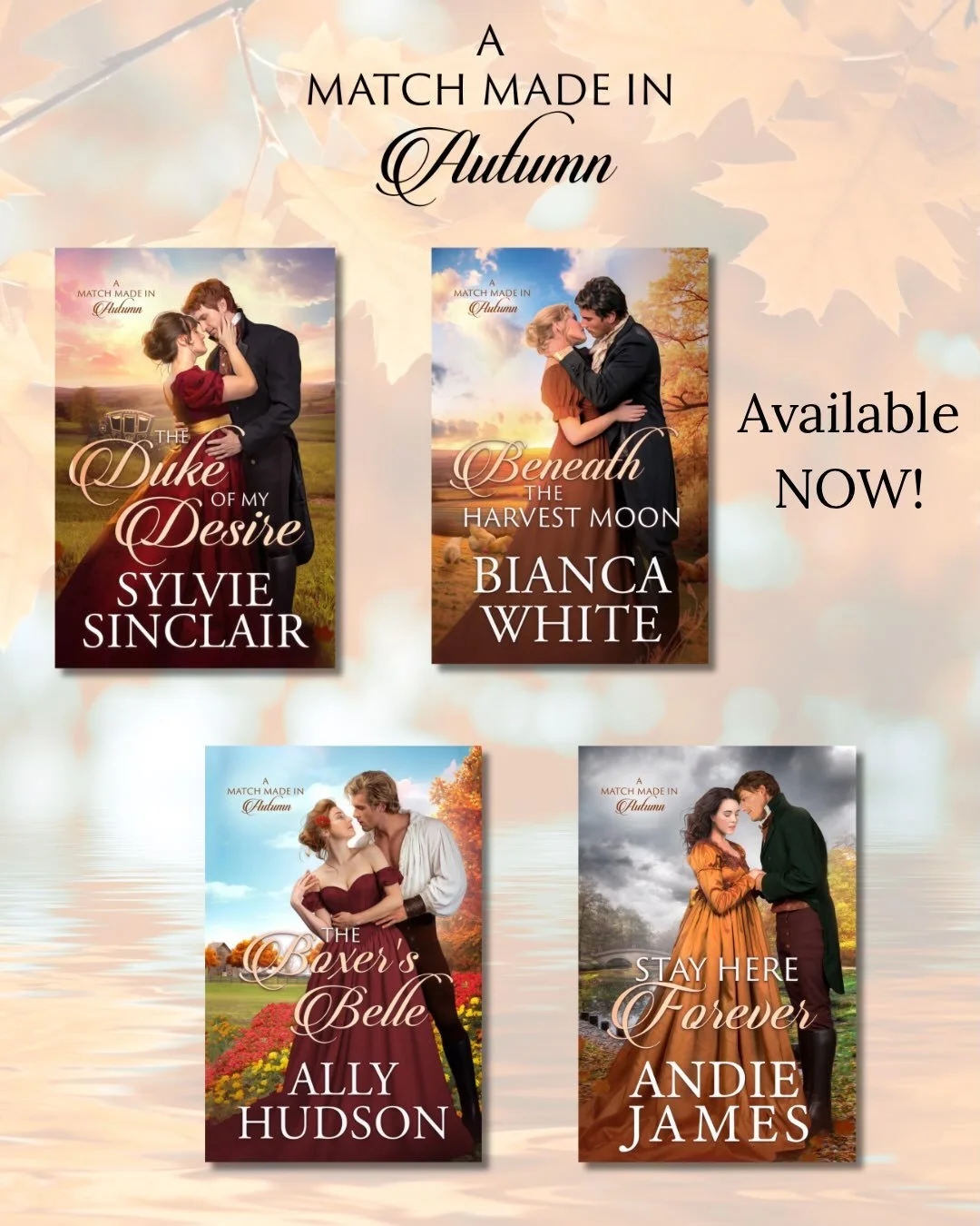 The first four novellas on the A MATCH MADE IN AUTUMN series are available now!

You can cozy up with these second chance at love, Autumn romances by @sylviesinclairauthor @bianca_white_writes @allyhudson_author and @andiejamesauthor on Amazon and in