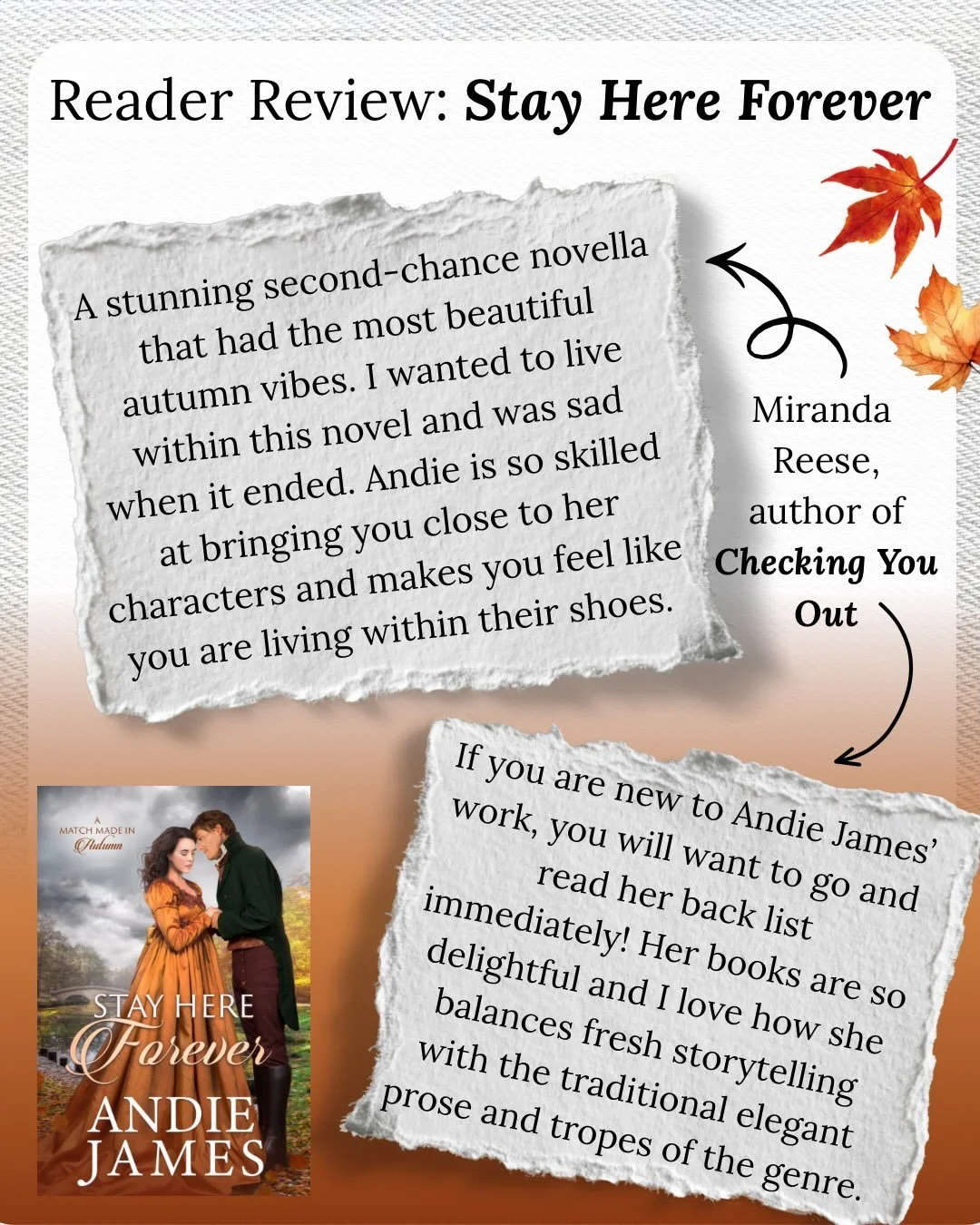 The ever so lovely @mirandareeseauthor left me the nicest review for STAY HERE FOREVER, so of course I had to share it! 🥰🥹😘

You can find this autumn set, second chance at finding love, historical romance on Amazon and in KU (K+ 🤷&zwj;♀️), and it