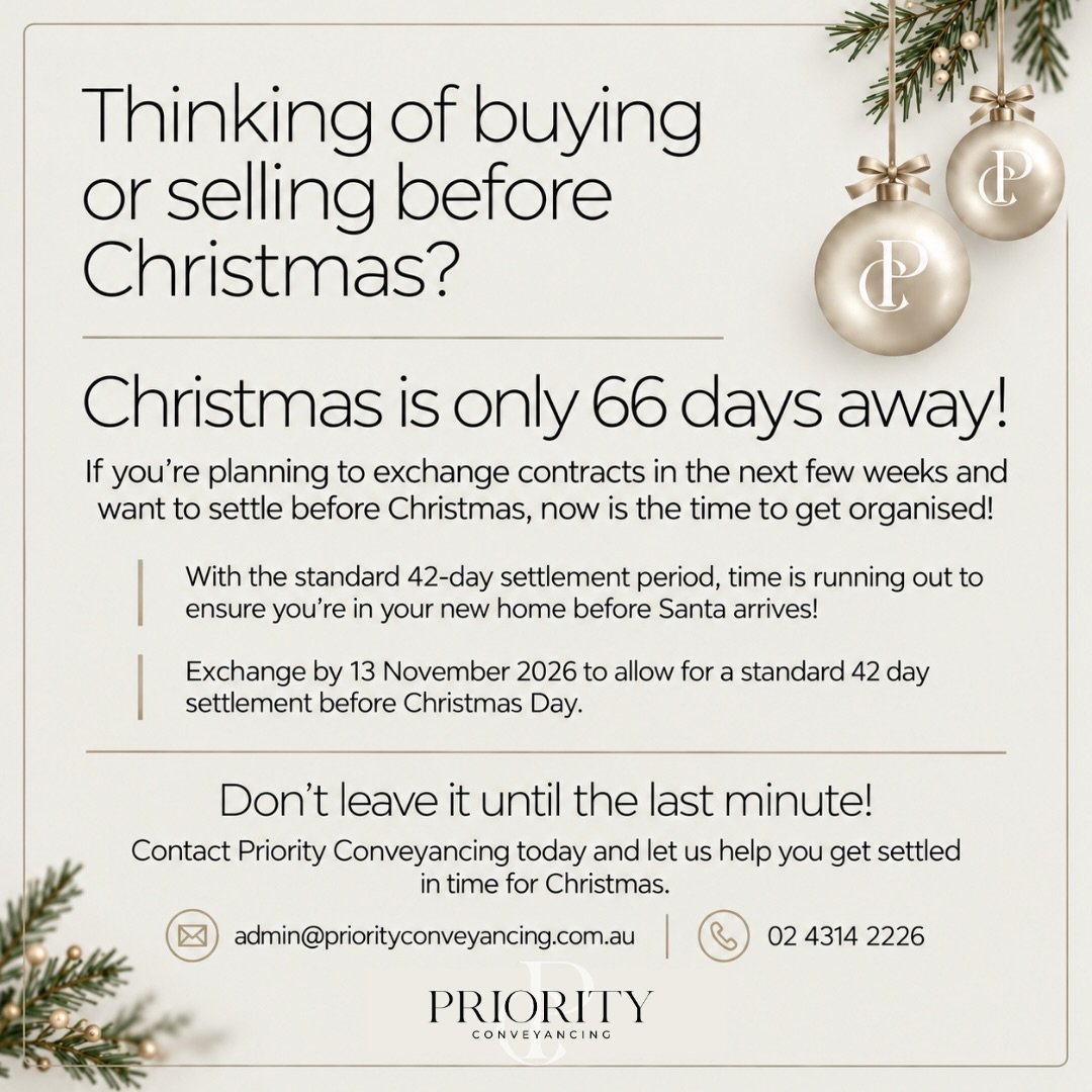 🎄✨ Thinking of buying or selling before Christmas? 🏡🎅🏼

Christmas is only 66 days away, and if you&rsquo;re hoping to be settled into your new home before the festive season, now is the time to get organised!

With the standard 42-day settlement 