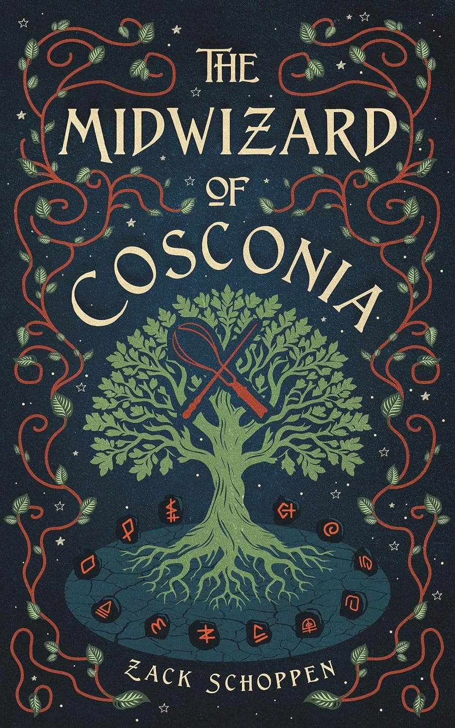 A dark blue book cover titled 'The Midwiazrd of Osconia' by Zack Schoppen. The cover features a large green tree with many branches and roots, with crossed sword and staff symbols at the center. Surrounding the tree are various runes and symbols, and decorative red vines with green leaves border the cover.