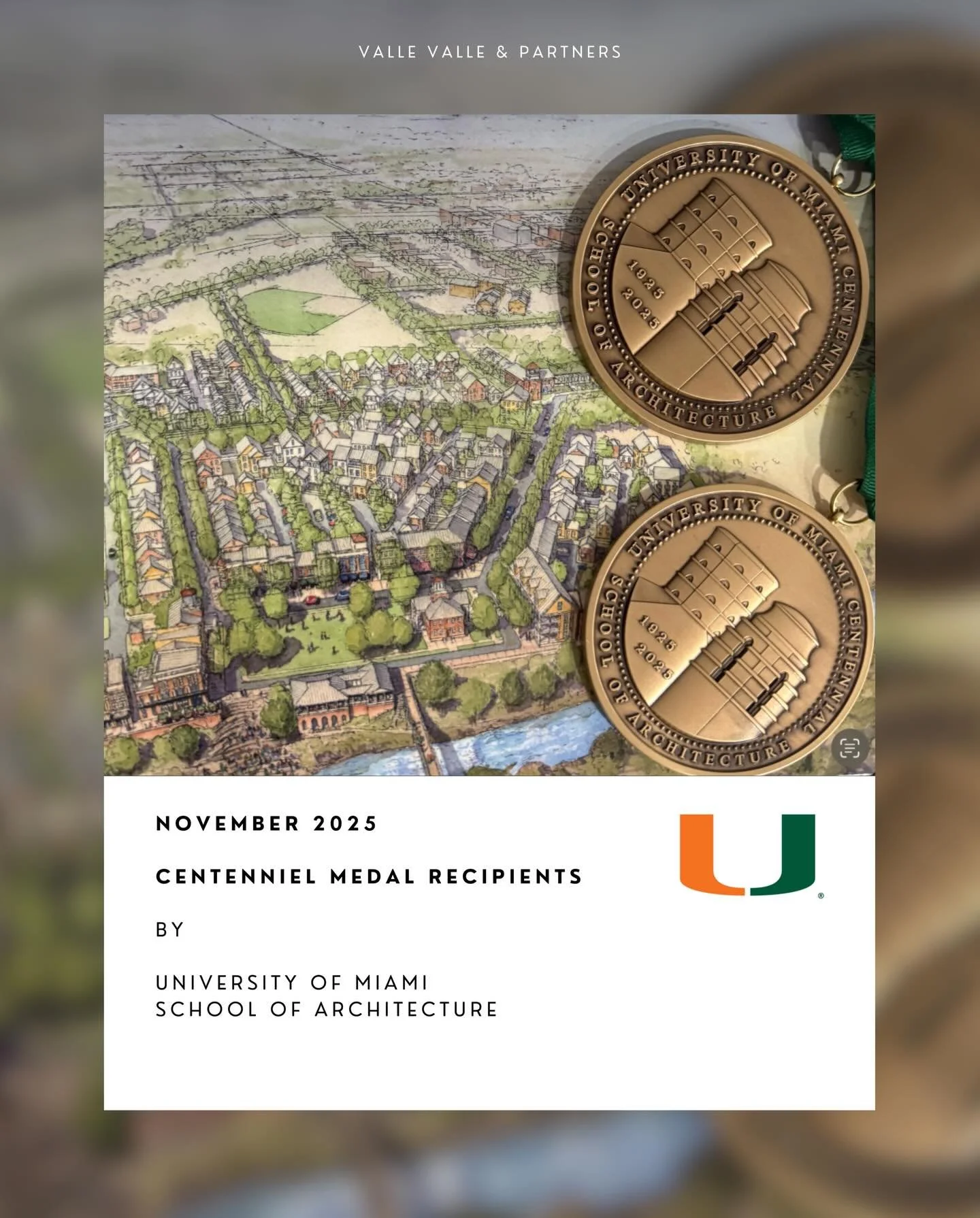 A proud moment for our studio.
Erick Valle and Estela Valle have been named Centennial Medal recipients by the University of Miami School of Architecture, honoring their enduring impact on the profession and academic community.

#ValleValleAndPartner