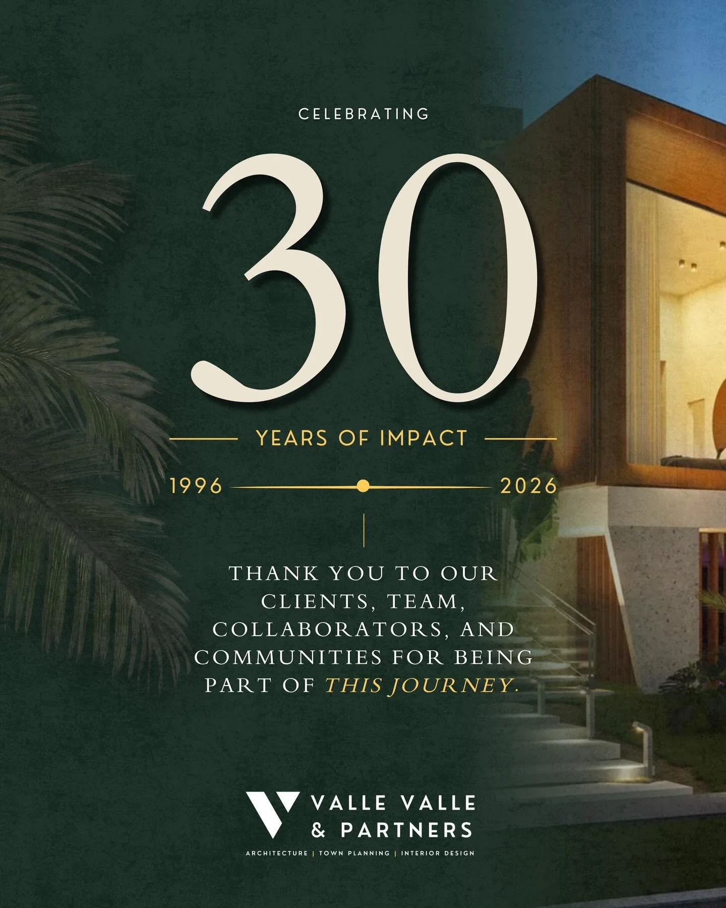 This year marks a significant milestone for Valle Valle &amp; Partners: 30 years of architecture, urban design, town planning, and community building.

Since 1996, our work has been guided by a simple belief&mdash;that thoughtful design has the power