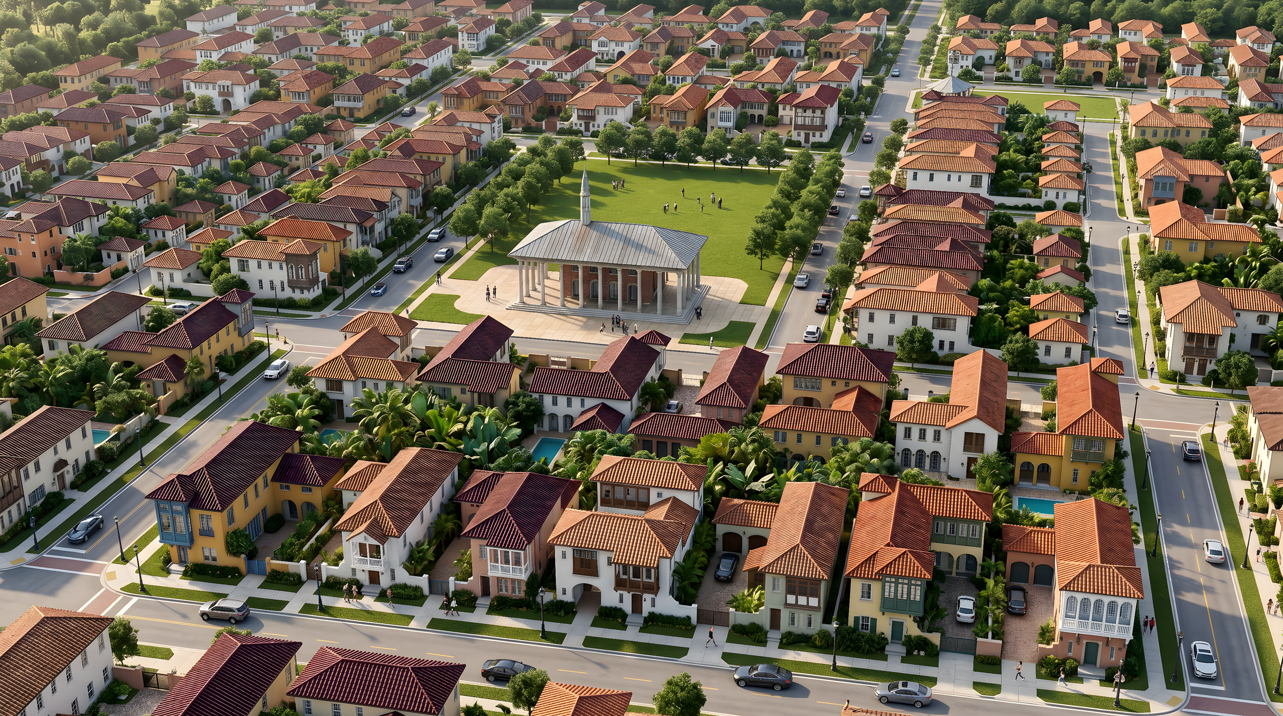 Aerial view of a suburban neighborhood with rows of houses with red-tiled roofs, tree-lined streets, and a park with a small building and people playing on the grass.