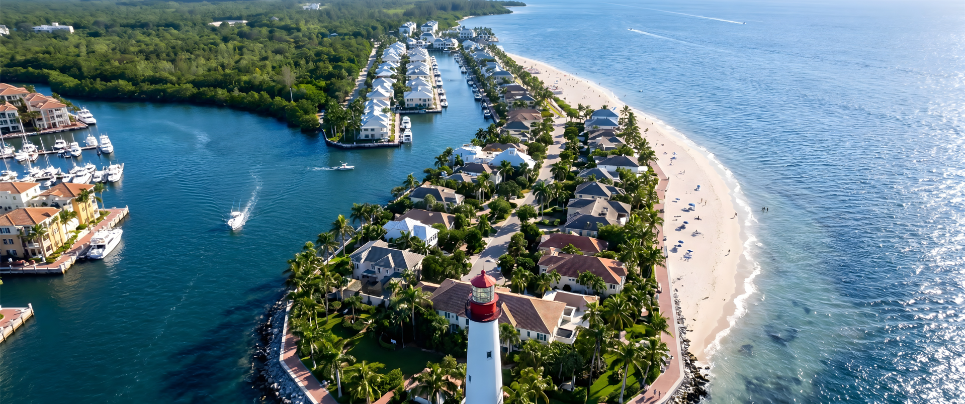 An aerial view of a coastal residential area with houses, a lighthouse, and a beach along the ocean, with boats on the water and lush green surroundings.