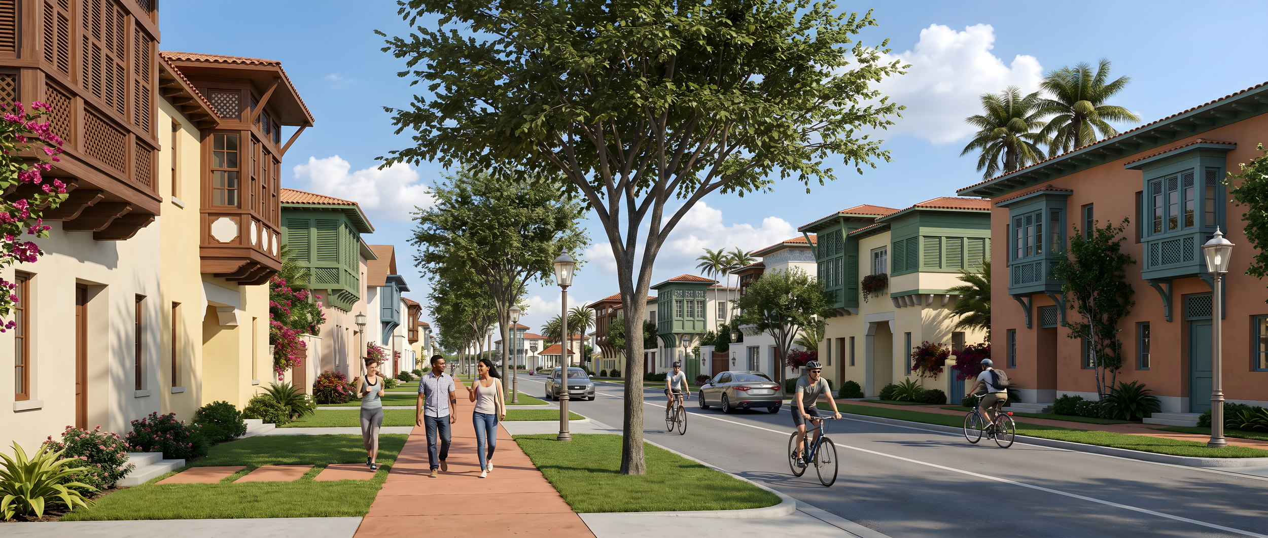 A sunny neighborhood street with colorful houses, people walking and cycling, trees, and street lamps.