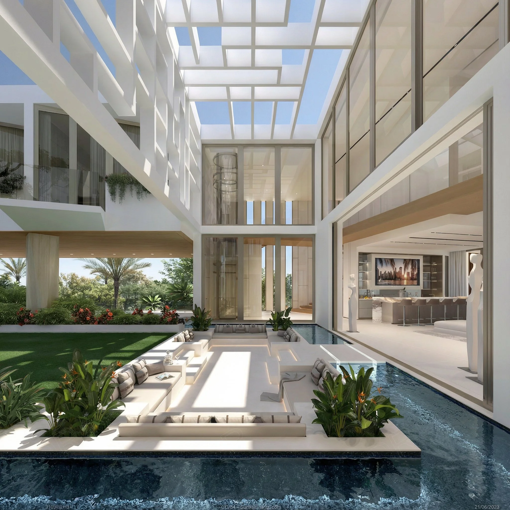 Modern architect-designed building with open courtyard, glass walls, and a glass roof. Indoor and outdoor spaces visible with seating and greenery.