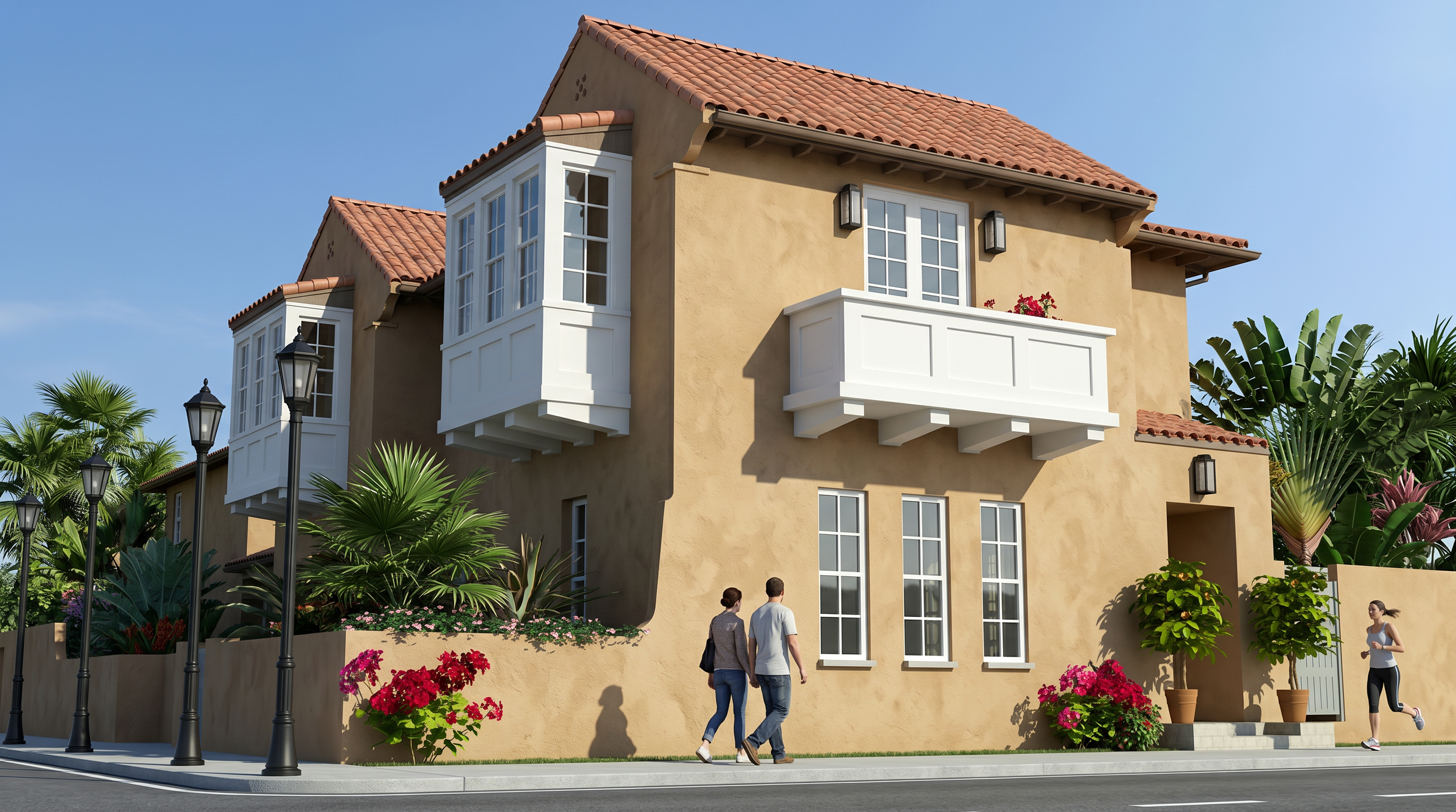 A modern beige apartment building with white balconies and red tile roof, surrounded by tropical plants, with three people walking nearby and sidewalk lamps, under a clear blue sky.