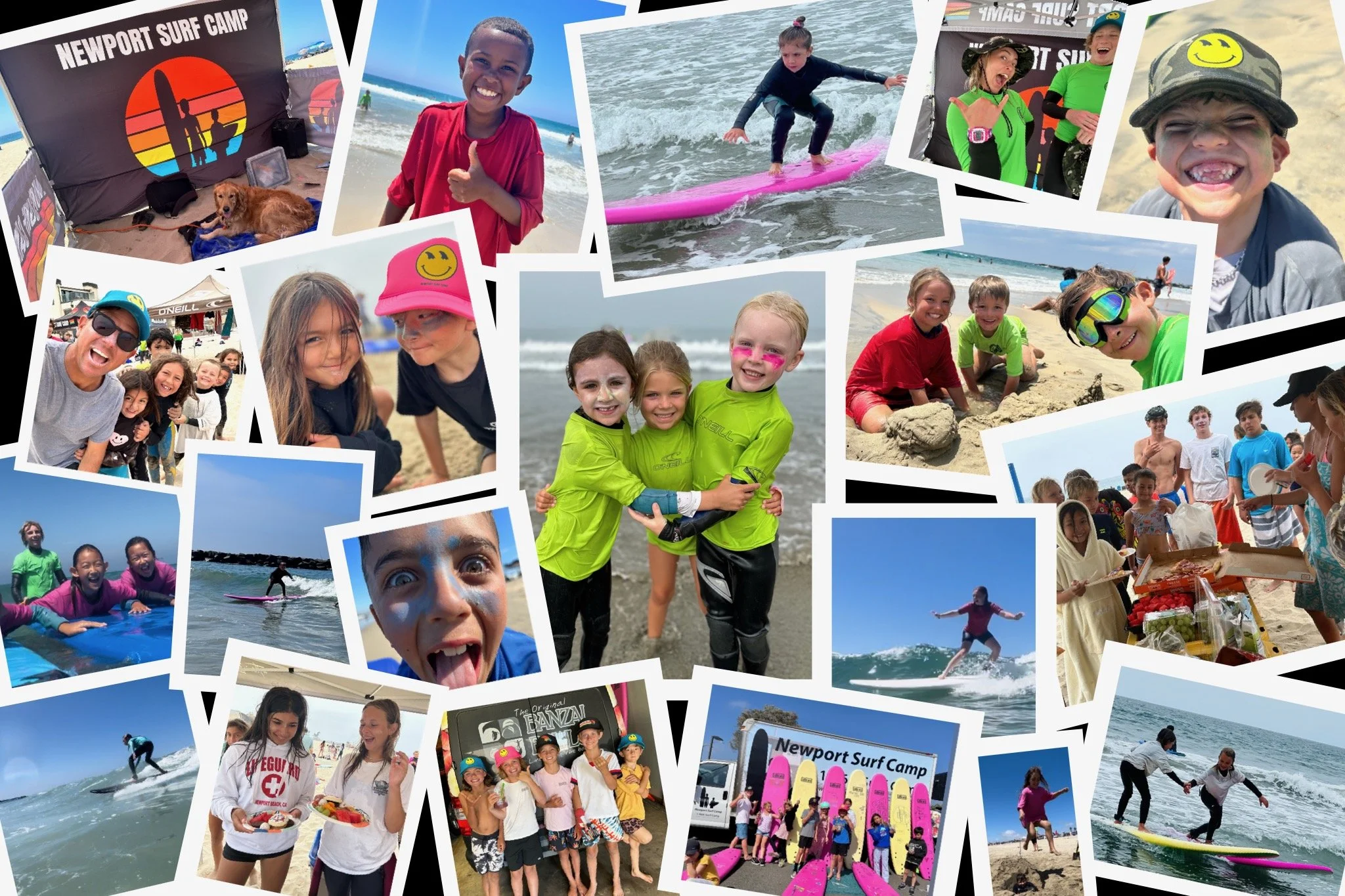 Happy surf students catching waves in Newport Beach, California