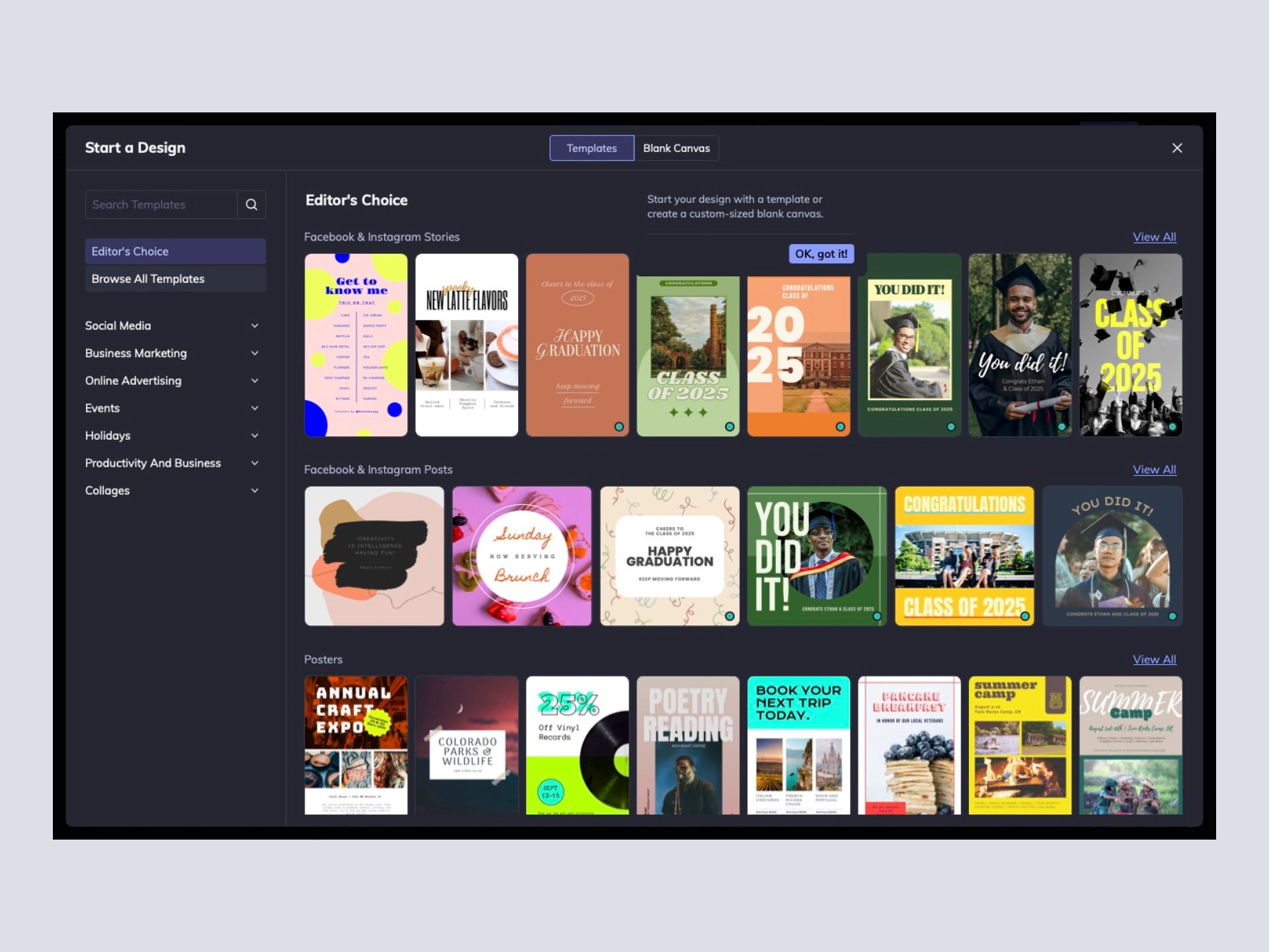 Screenshot of a design tool interface featuring template options for social media, business marketing, and more. Includes graduation, brunch, and craft expo templates. Categories like 'Editor's Choice' and 'Posters' are visible on a sidebar.