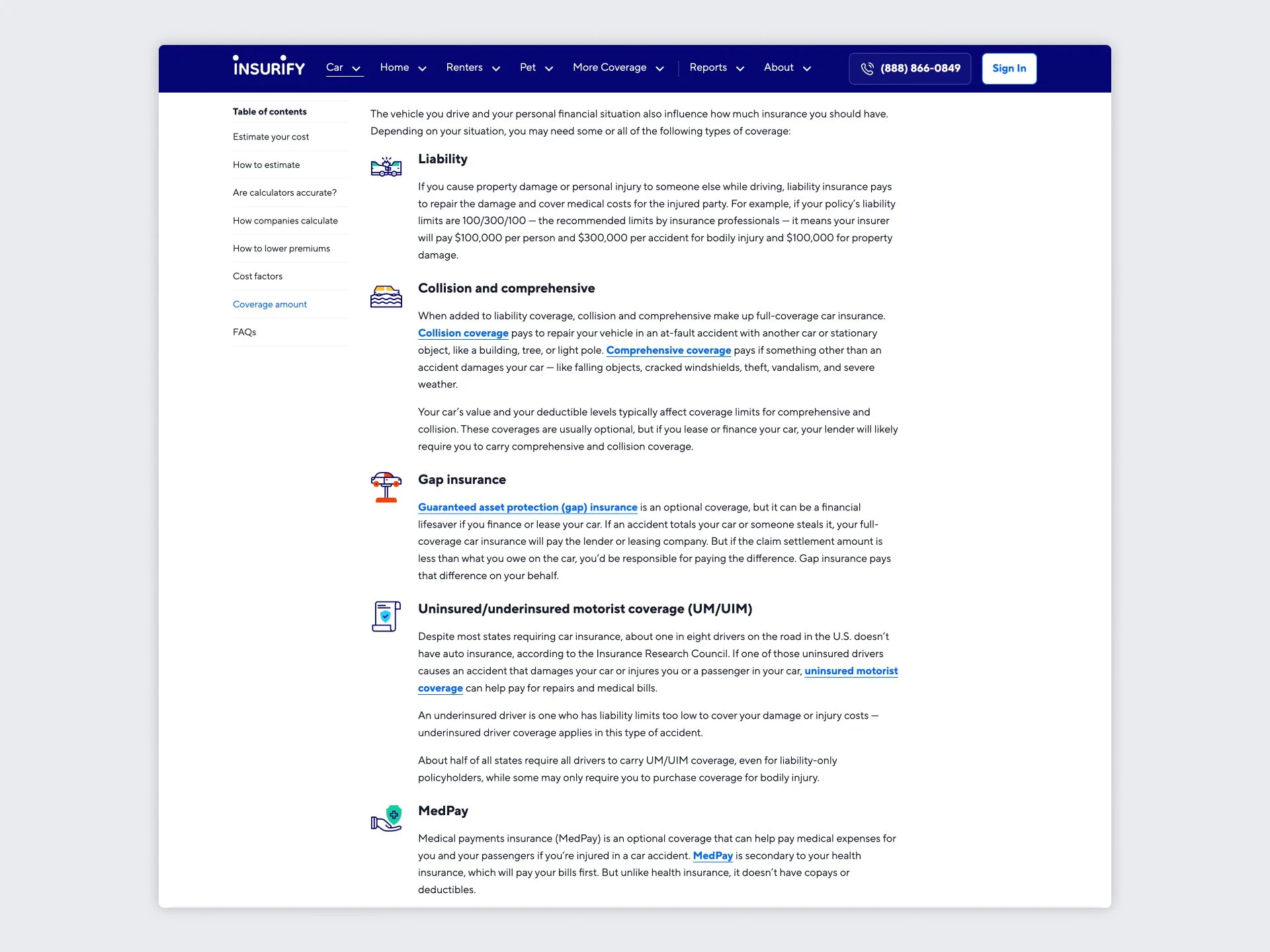 A screenshot of a webpage about car insurance coverage types and related information, featuring a blue navigation bar with contact details and sign-in button, and a content section with headings and text discussing liability, collision, comprehensive coverage, and more.