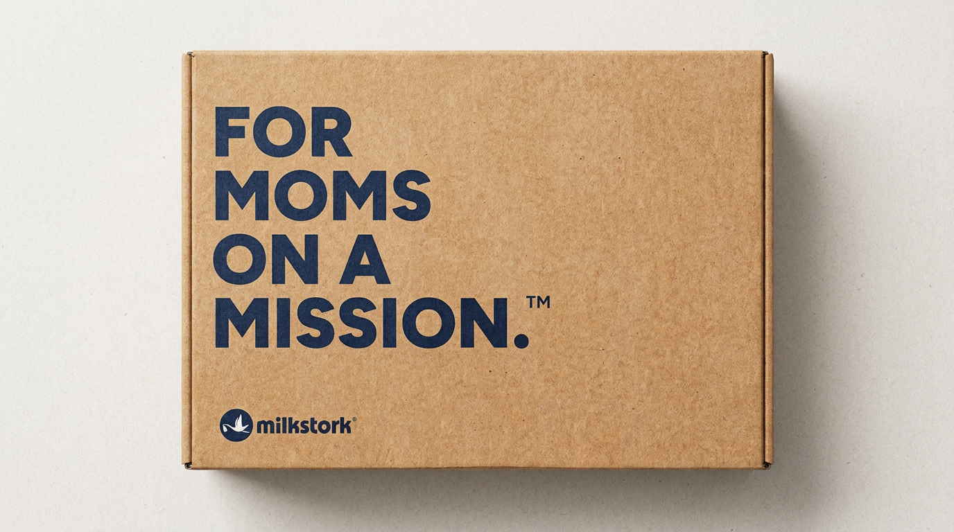 A cardboard box with text that says 'For Moms on a Mission.' and a milkstork logo on the lower left corner.