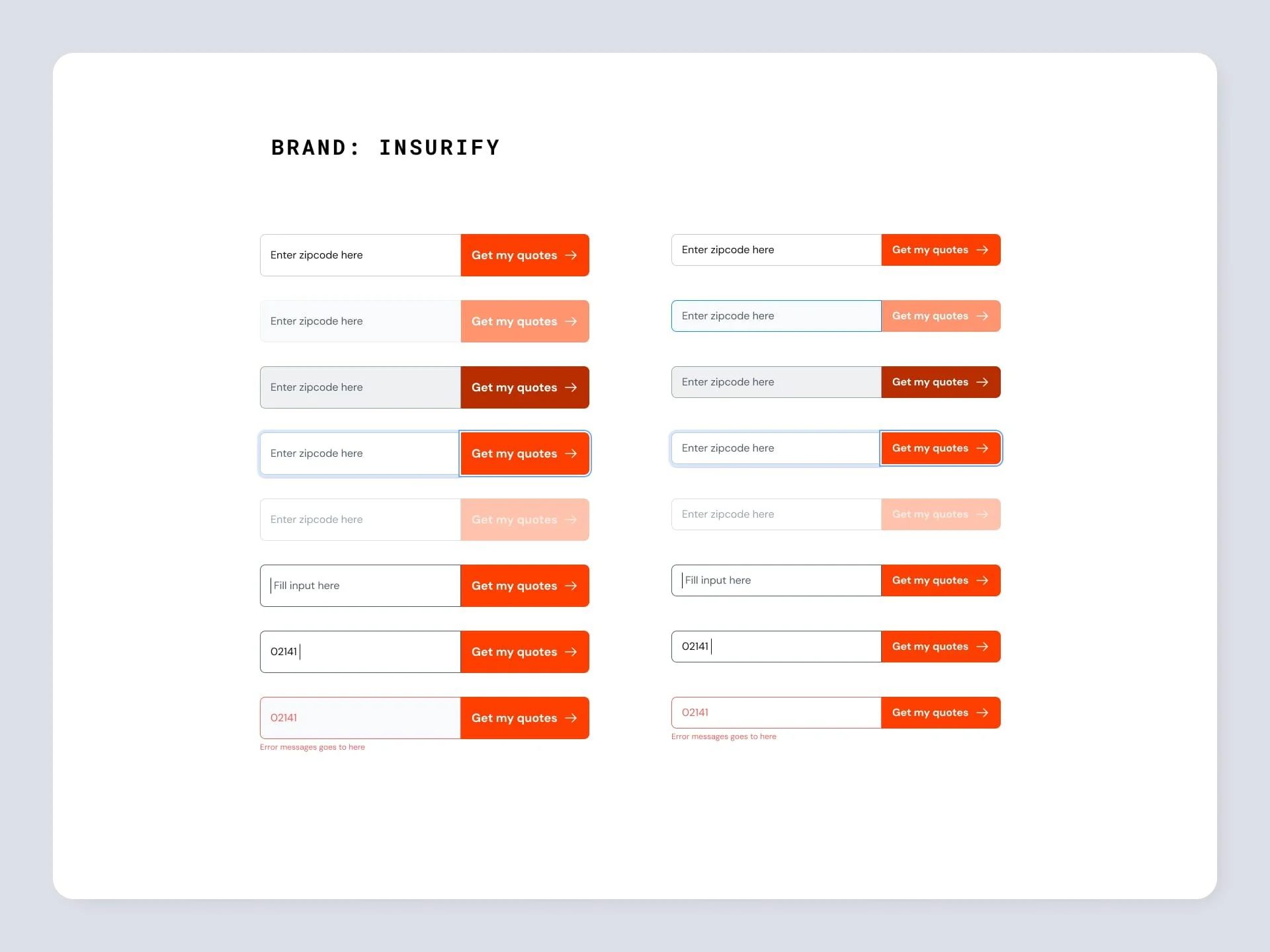 Screenshot of an online form for insuring a vehicle, including input fields for ZIP code and a code, with orange 'Get my quotes' buttons, some fields with error messages and placeholders.