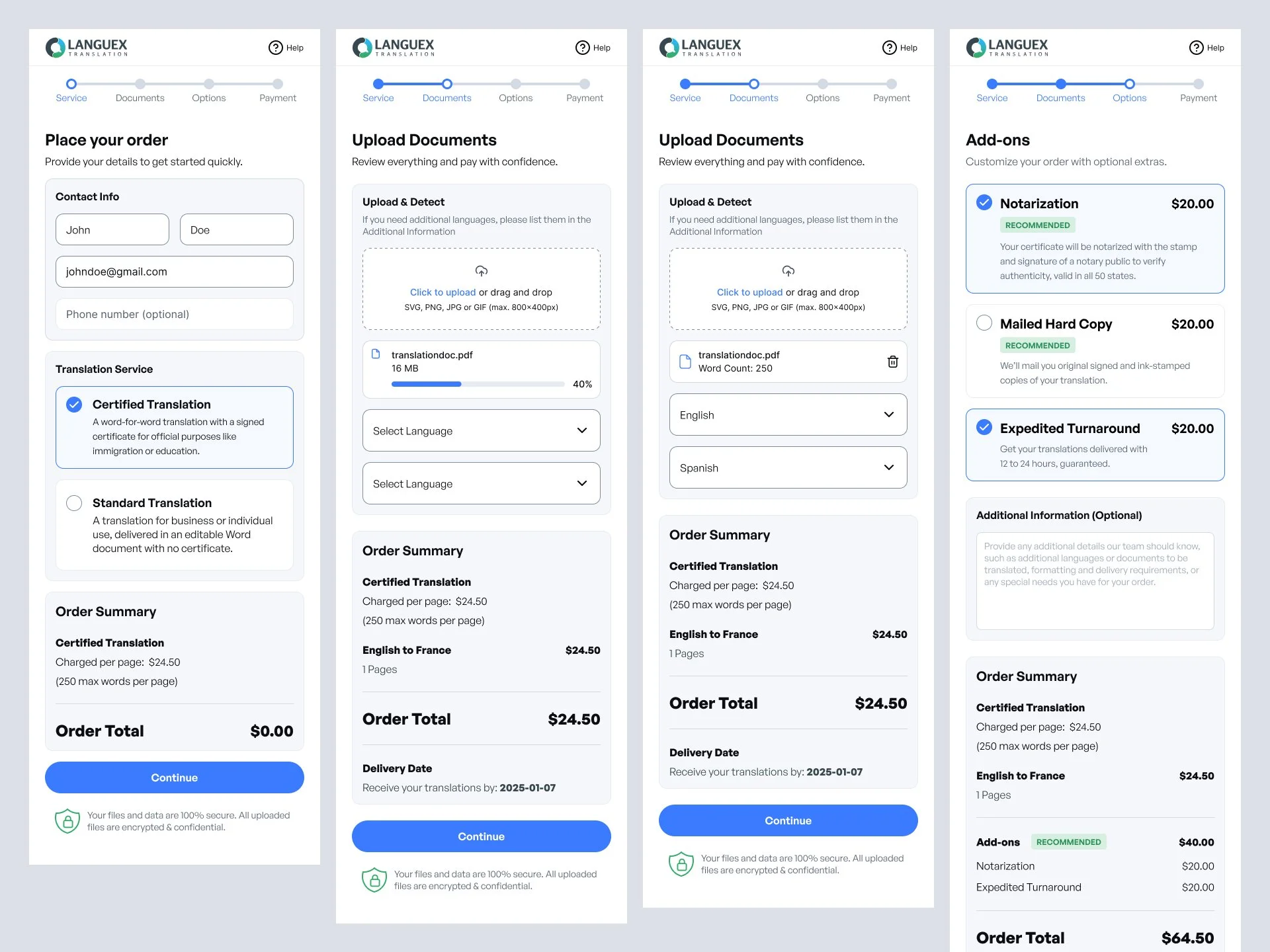 Multi-step order flow, service selection through document upload