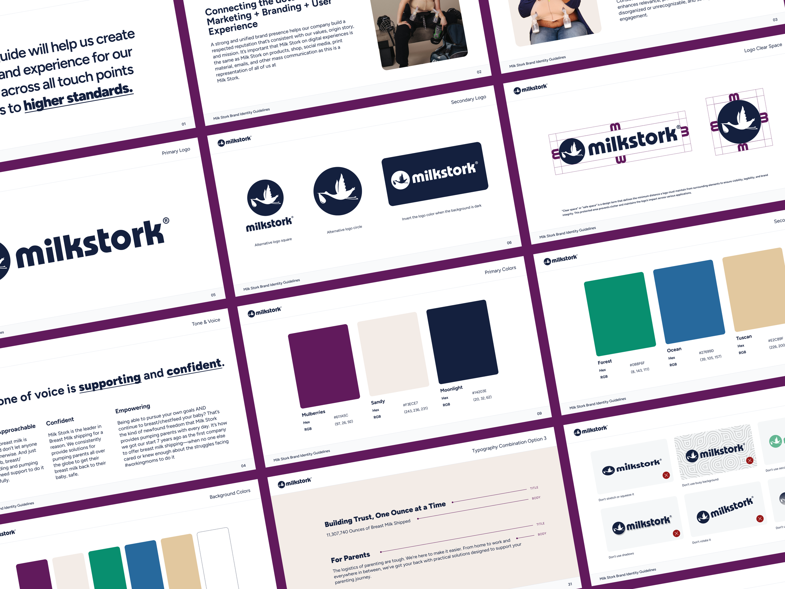 A comprehensive company branding guide for Milk Stork, displaying multiple pages with logo guidelines, color palettes, font combinations, and brand identity standards.