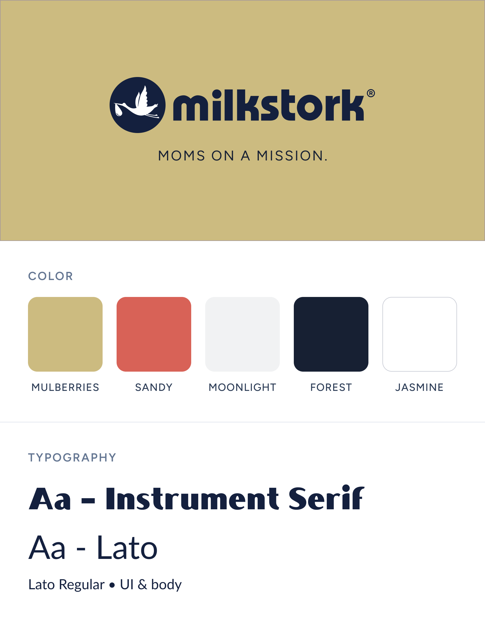Screenshot of a website showcasing color options, including Mulberries, Sandy, Moonlight, Forest, and Jasmine, and typography options, including Lato Regular, UI & body, and Aa - Inventor Sans.