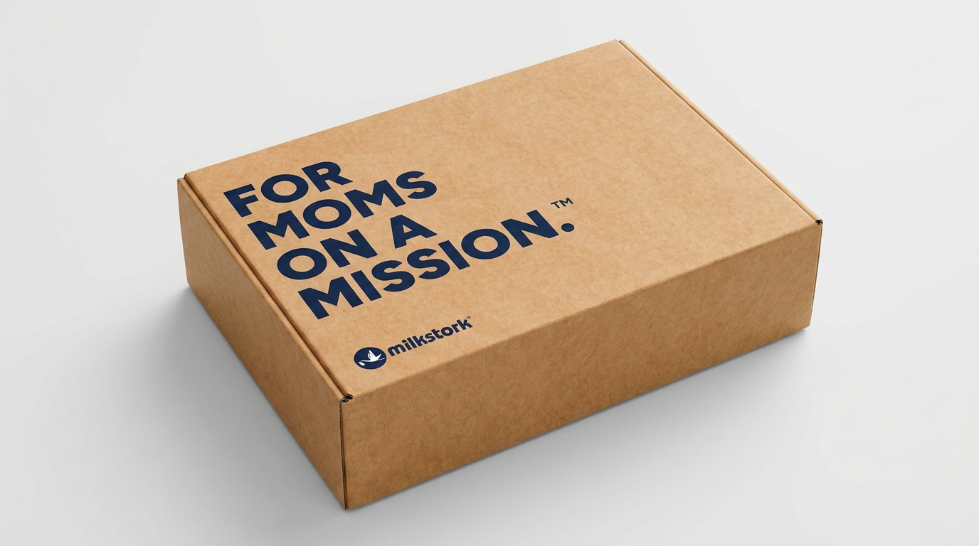 A cardboard box with the text "For Moms On a Mission" and the Milk Stork logo, shaded on a white surface.