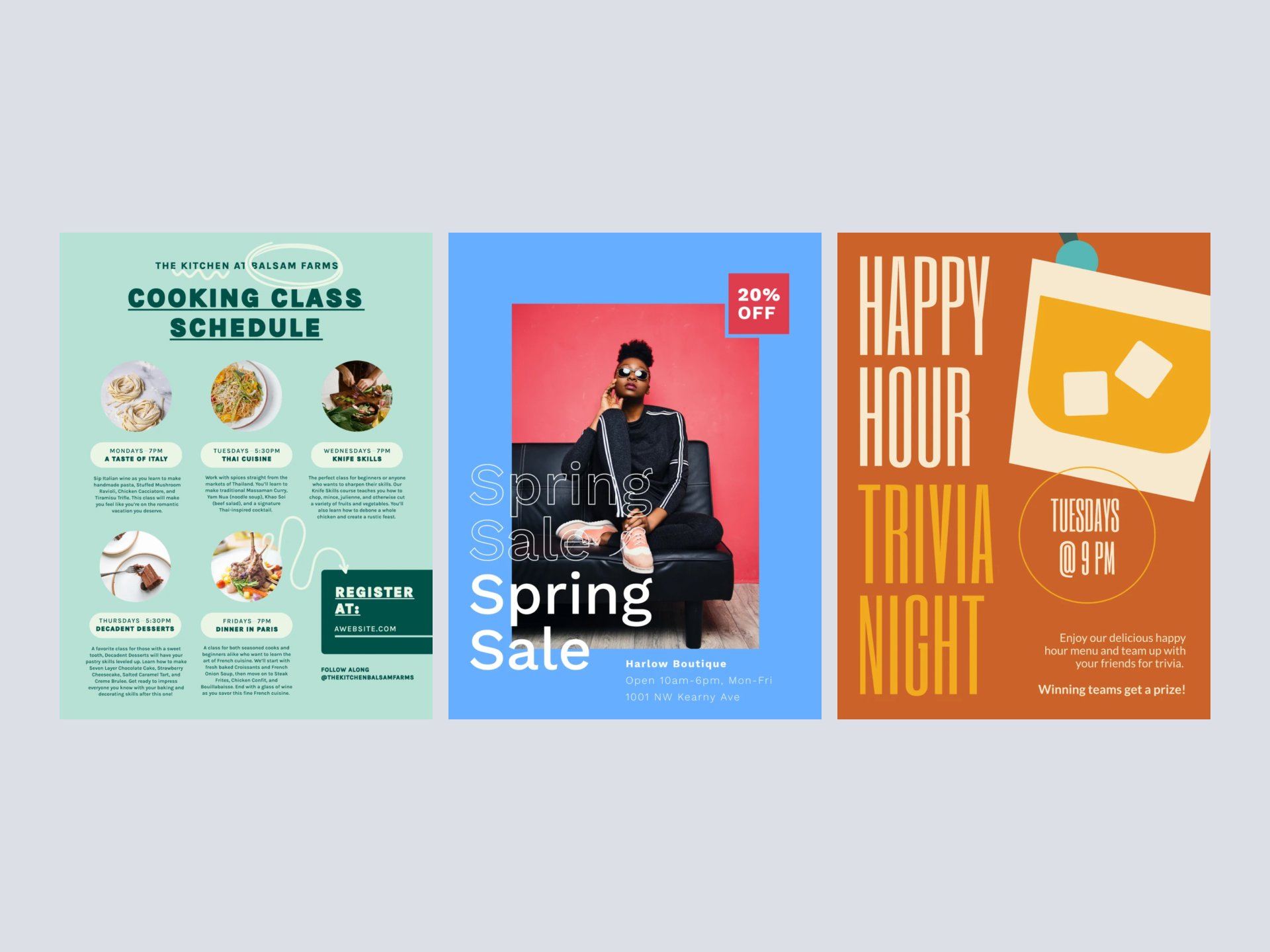 Three posters: Left features cooking class schedule with food images; middle advertises a spring sale with a person sitting; right promotes a trivia night with drink graphic.