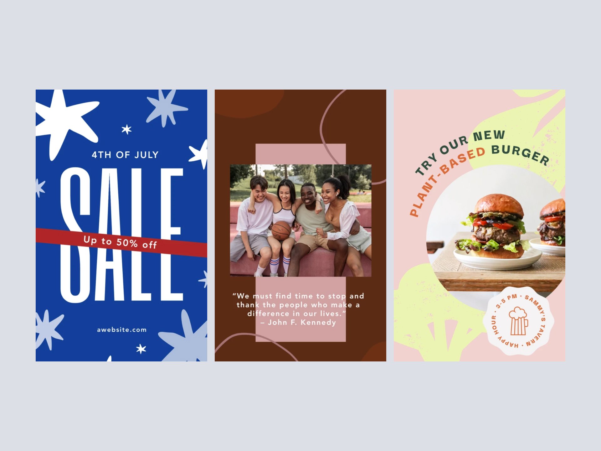 A collage of three promotional posters. The first poster is a 4th of July sale announcement offering up to 50% off on a blue background with stars. The second poster features a group of smiling people seated with a John F. Kennedy quote. The third po