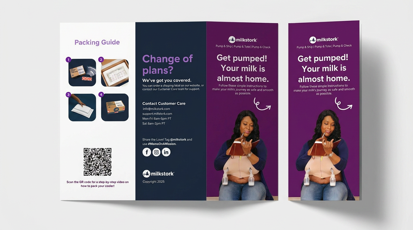A folding brochure for Milkstork, featuring sections on changing plans and getting pumped about milk delivery. It includes a packing guide with images of a box, tablet, checklist, and shipping label, contact information, social media icons, a QR code, and a photo of a woman reviewing her phone while holding breast milk bottles.