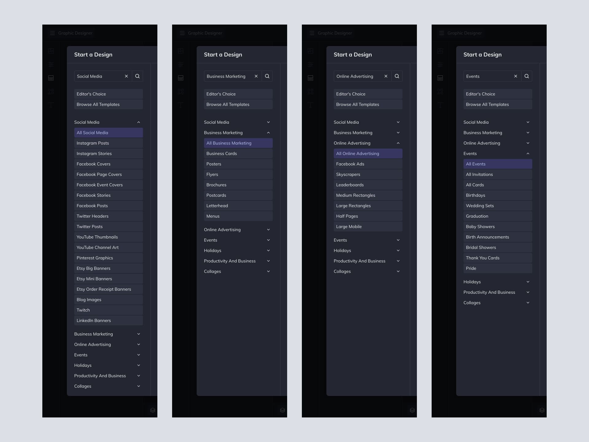 Four-panel graphic showing a design tool's menu categories: Social Media, Business Marketing, Online Advertising, Events.