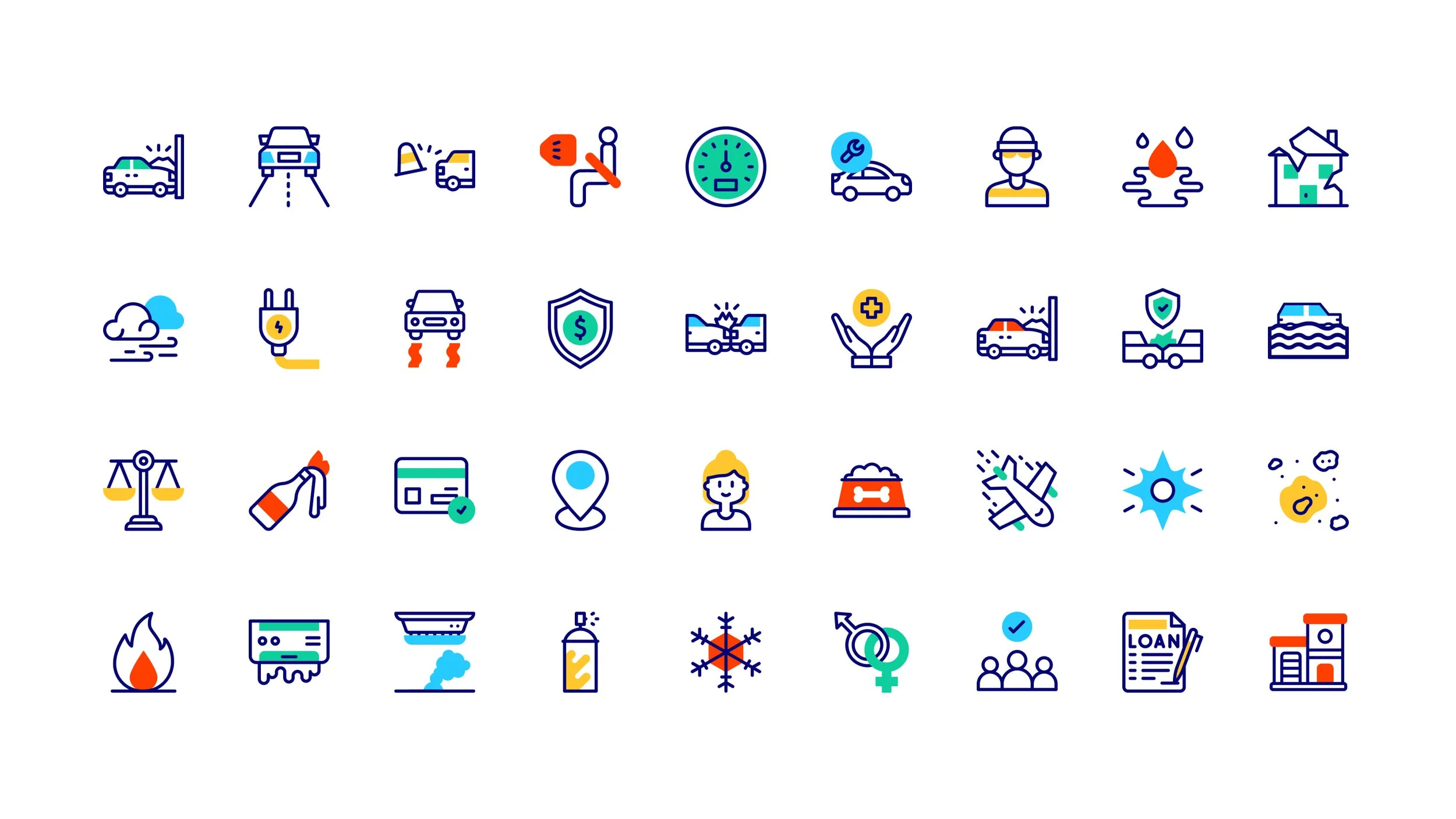 Series of icons representing various emergency, safety, health, environmental, and service topics such as car accidents, traffic control, health, weather, electrical safety, water safety, environmental protection, legal, and community services.