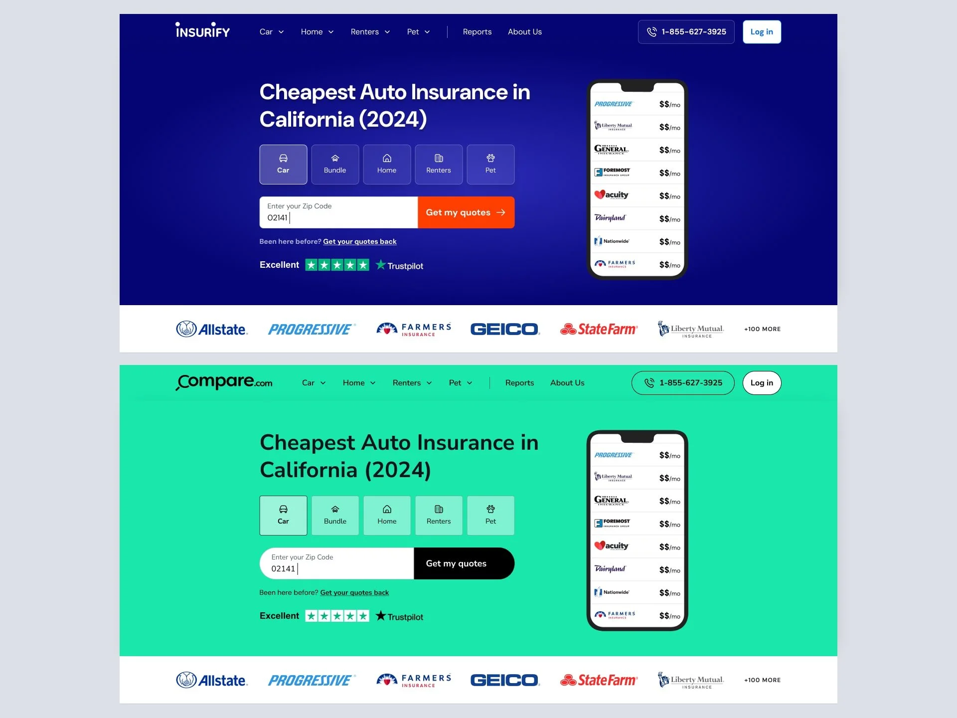 Screenshot of a website titled "Insurify" with an interface for comparing auto insurance quotes in California for 2024. It features a search bar to enter ZIP code, buttons for different types of insurance (Car, Bundle, Home, Renters, Pet), customer reviews, and logos of insurance companies like Allstate, Progressive, Farmers, Geico, State Farm, Liberty Mutual, and others.
