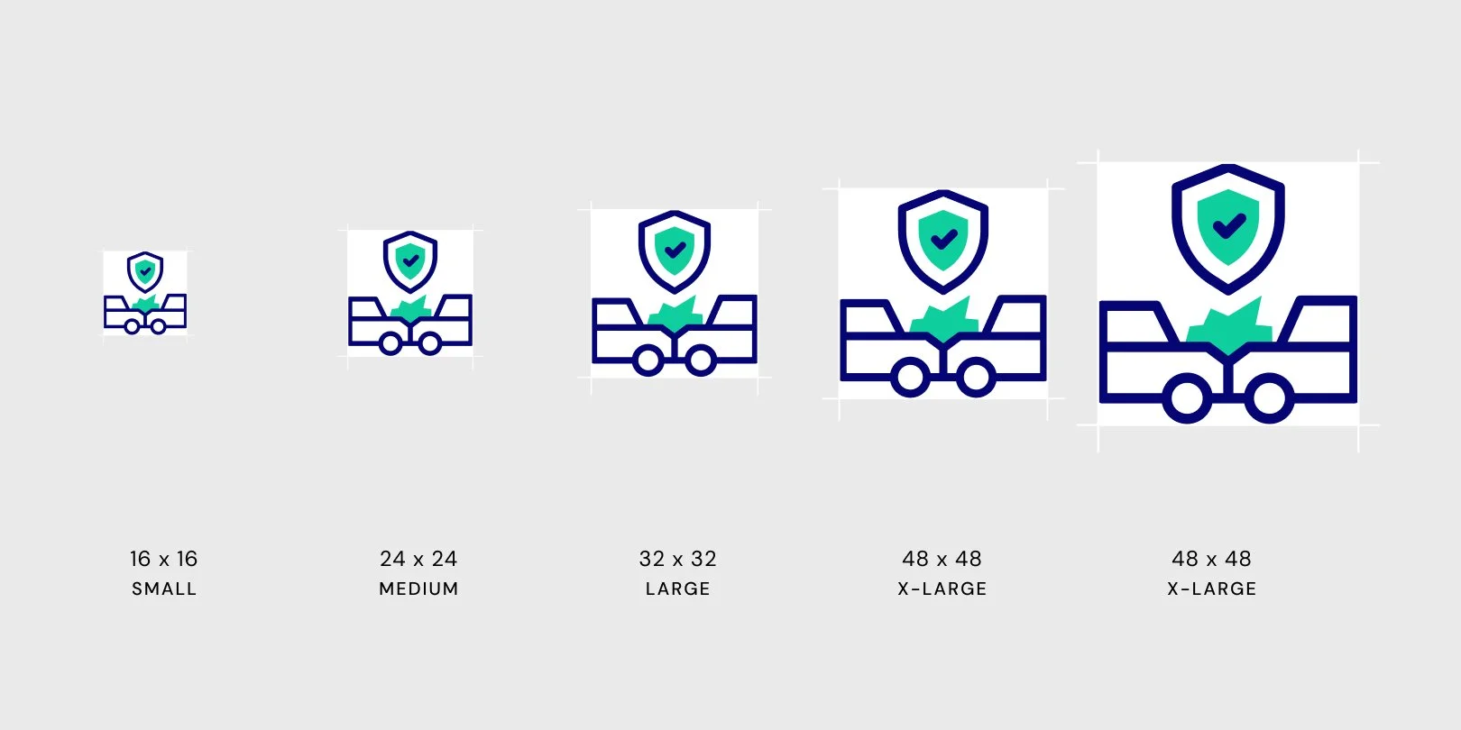 Progressively larger icons of a truck with a shield and checkmark above it, labeled small, medium, large, x-large