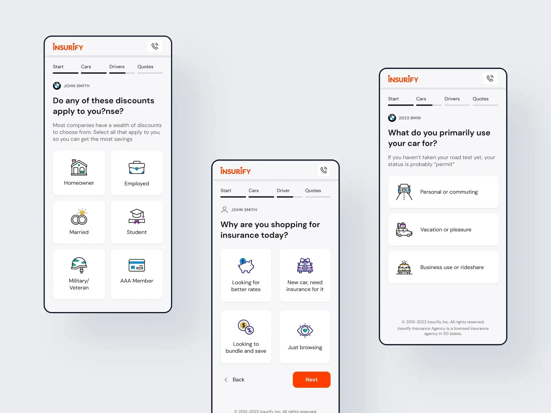Screenshots of a mobile insurance app named Insurify with questions about vehicle and insurance preferences, and icons for different categories such as homeowner, married, military, and AAA member.