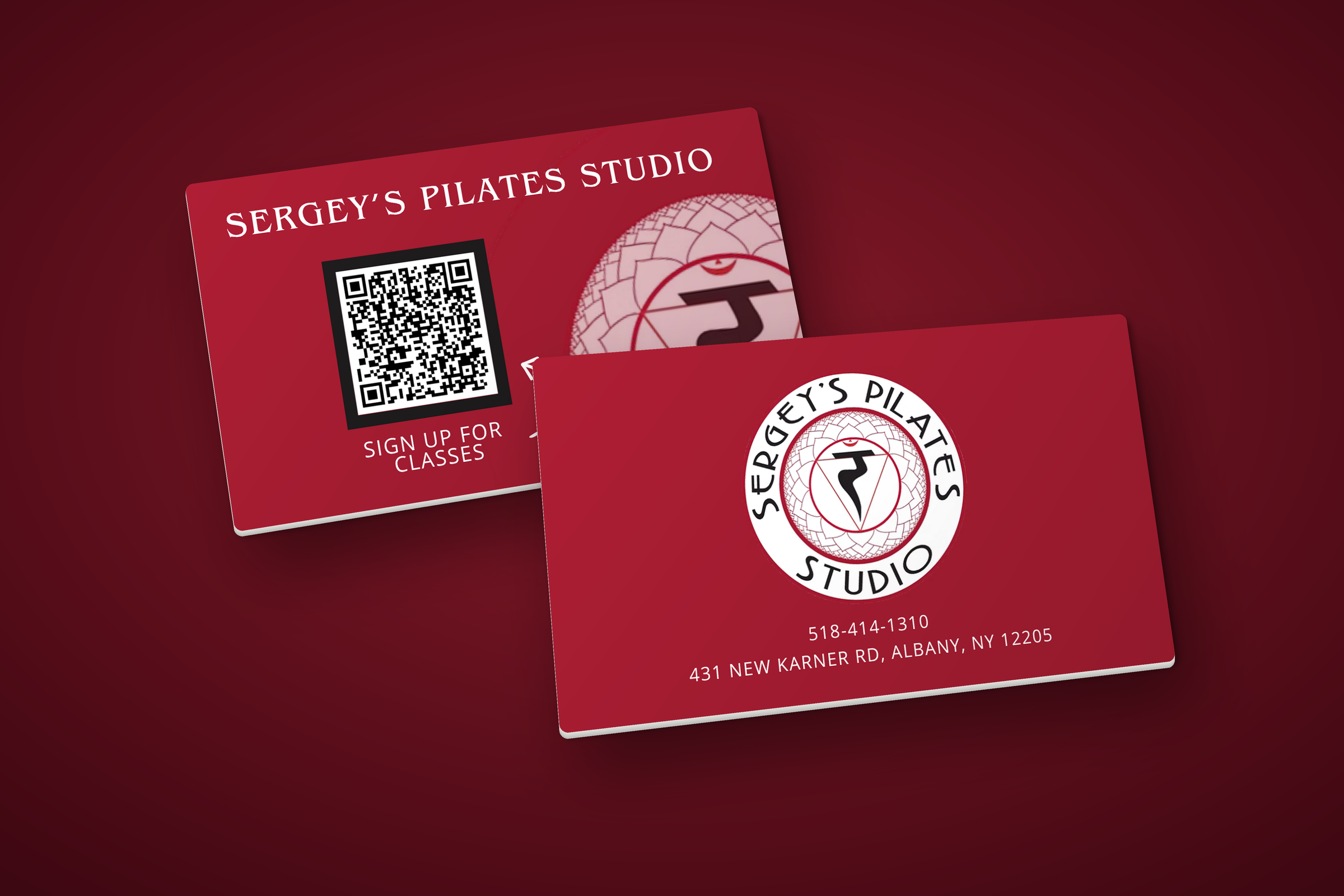 Business card design with a clean, modern logo and contact details for a Albany, NY Pilates studio