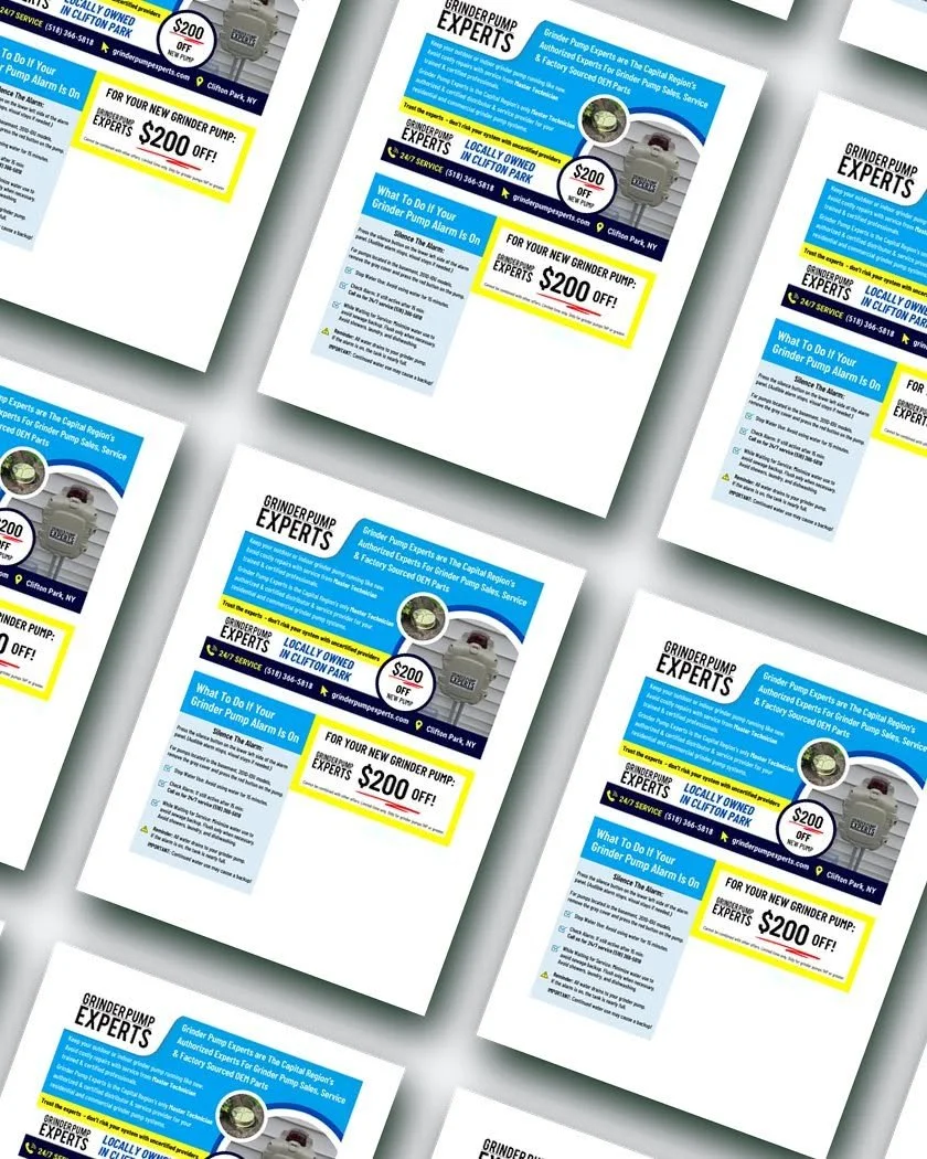 Service flyer design for a grinder pump installation and repair company in Clifton Park, NY